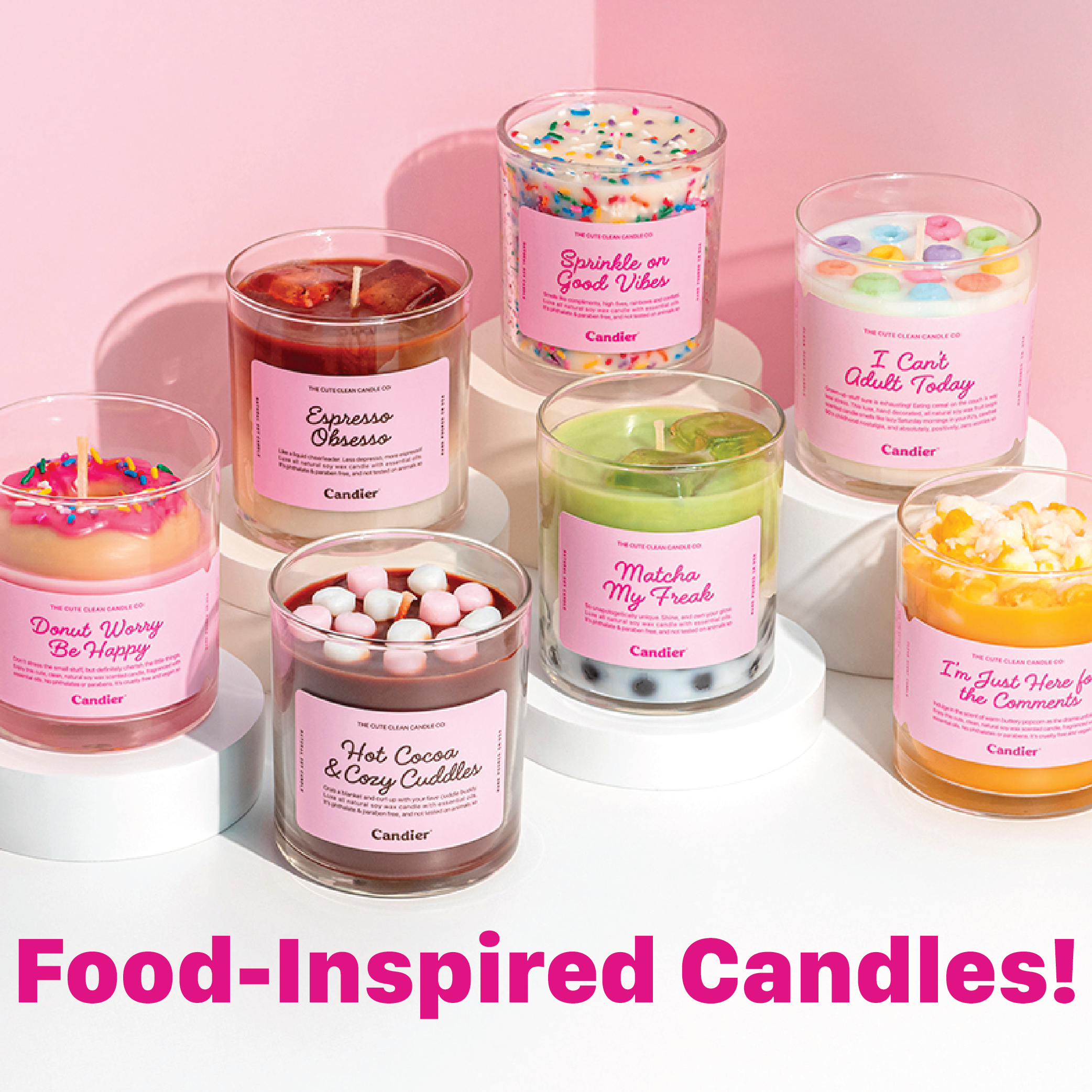 Candier food inspired candle Collection – Hand-poured soy wax dessert-scented candles, including vanilla cake, hot cocoa, coffee, popcorn, matcha, donut, and cereal milk candles.