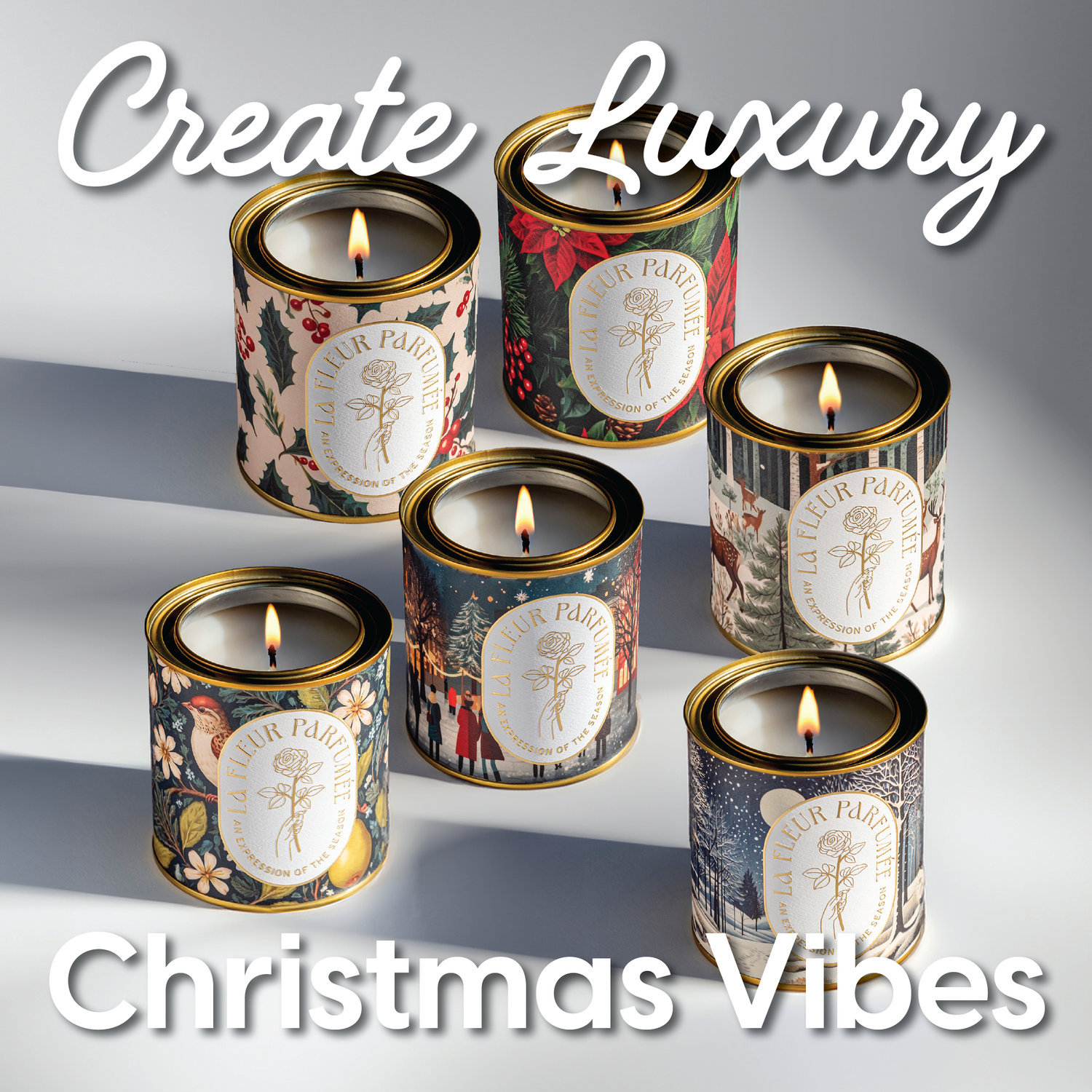 Create Luxury Christmas Vibes text over an image of a collection of luxury Christmas candles featuring festive holiday decor