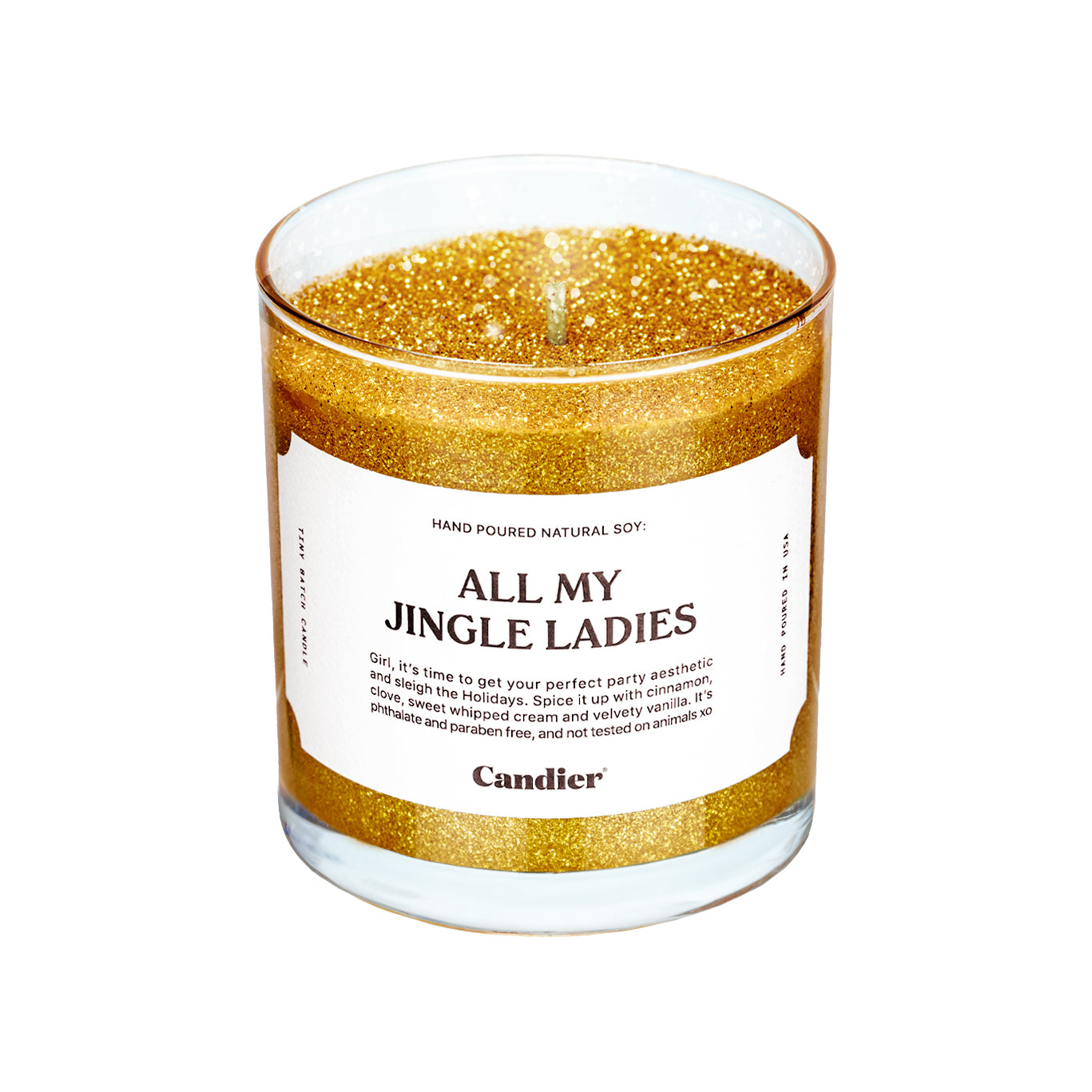 A shining sparkly gold Christmas themed scented candle with a label that reads ALL MY JINGLE LADIES by Candier