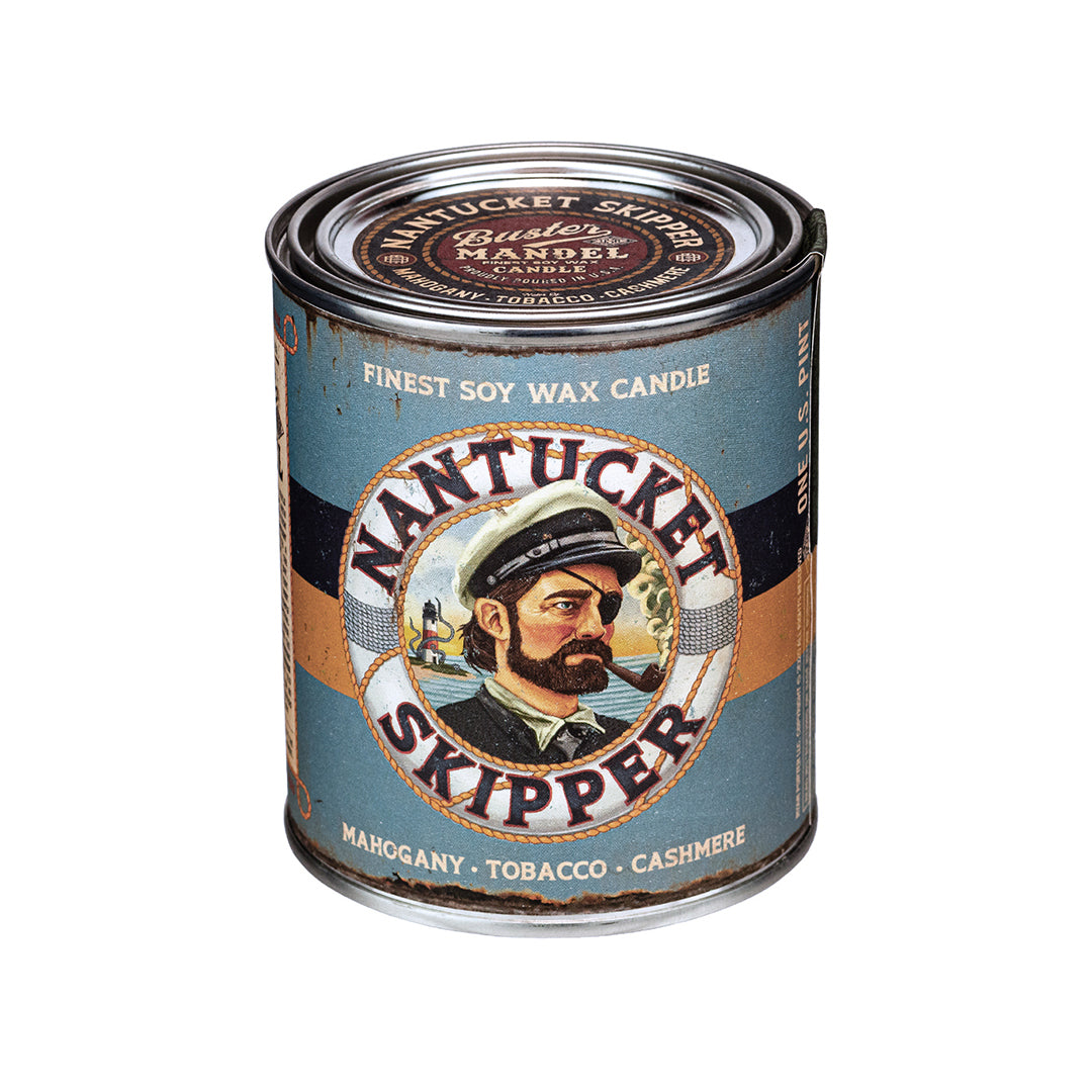 Nantucket Skipper Candle by Buster Mandel – a rugged, vintage-inspired soy candle with mahogany, tobacco, and cashmere scent. Hand-poured in the USA