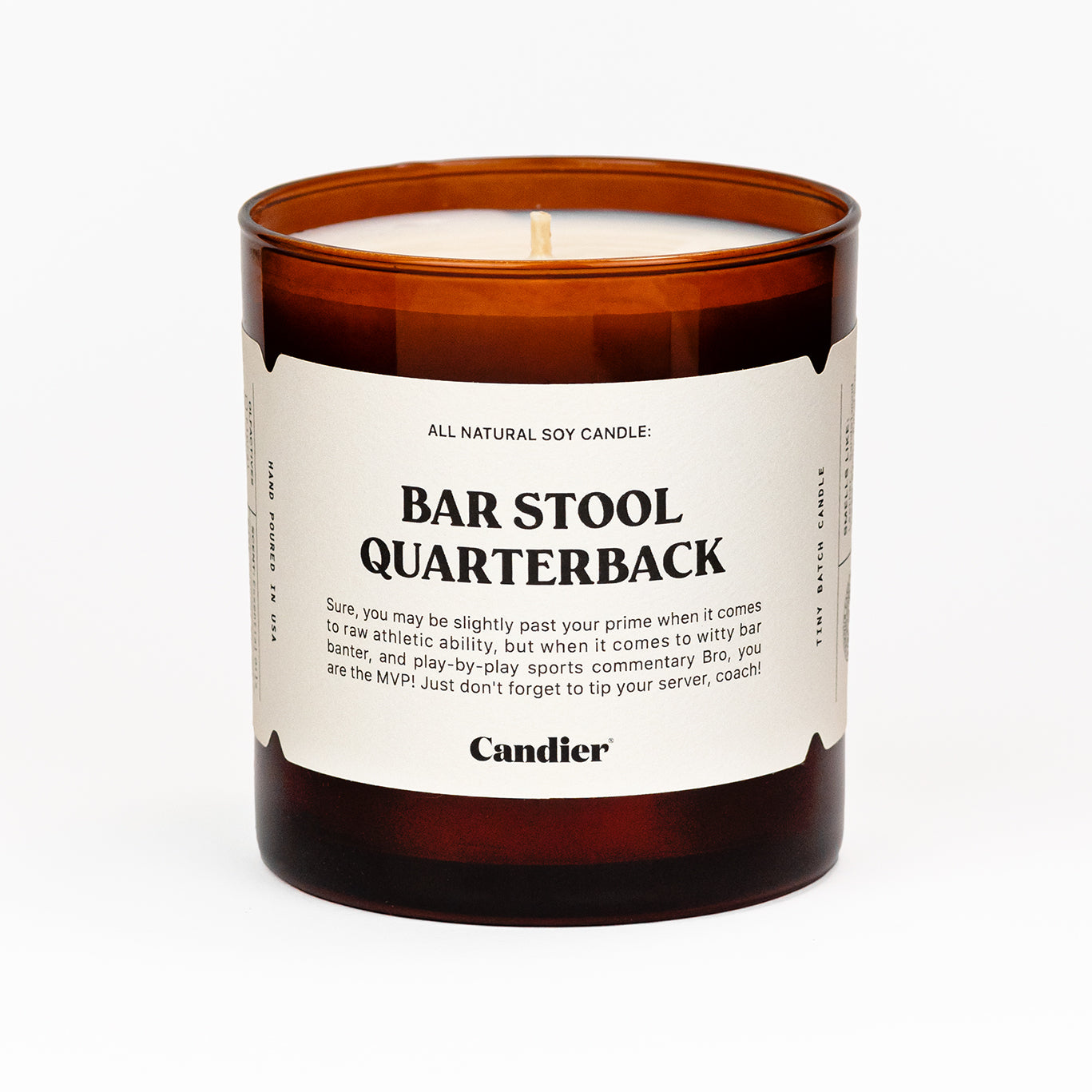 Luxury leather and sandalwood-scented candle, a perfect gift for sports fans, couch coaches, and armchair quarterbacks.