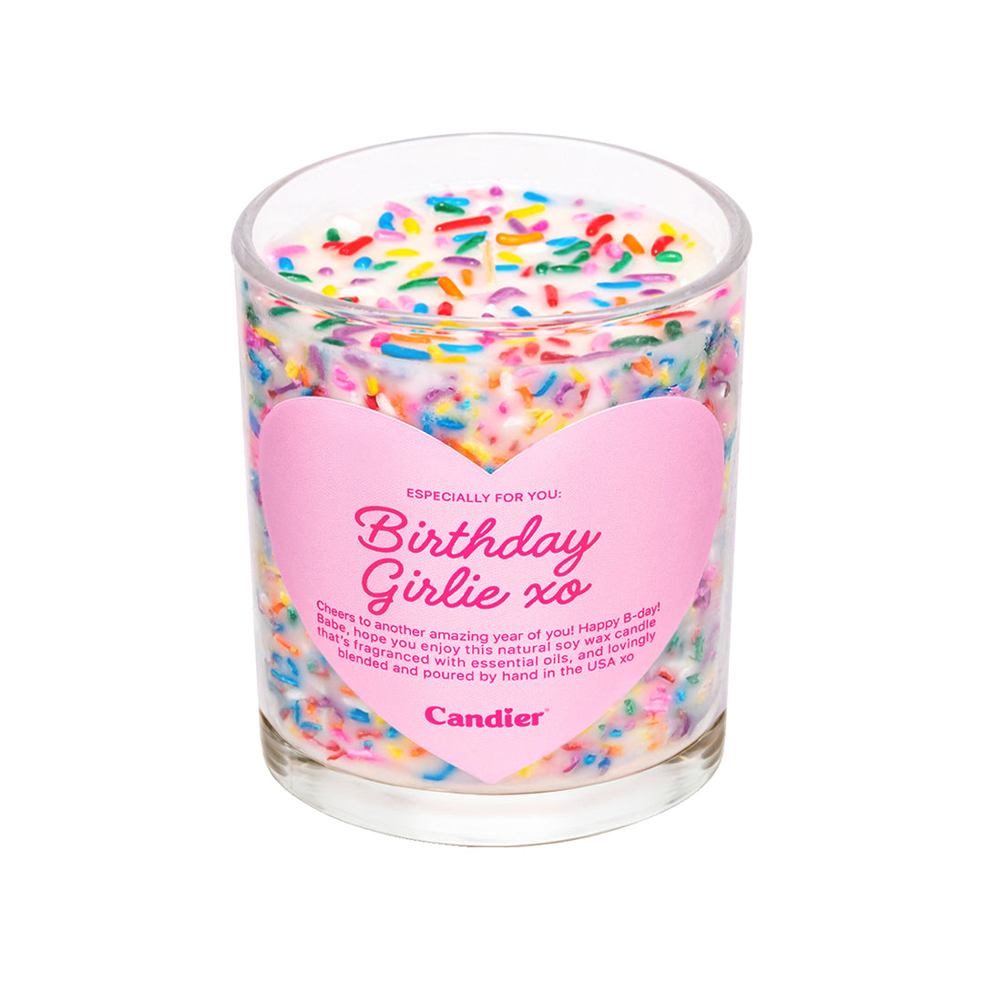 Candier® Birthday Girlie, Birthday Cake Candle with colorful sprinkles, hand-poured soy wax, and a luxe, sweet scent of vanilla cake and buttercream frosting