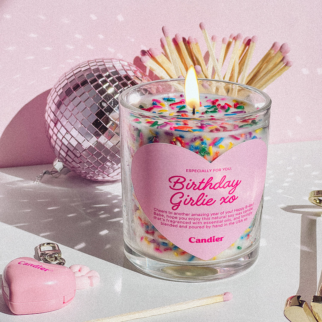 Birthday Girlie" Candier® luxury soy wax candle with colorful sprinkles—a fun, birthday cake-scented gift perfect for celebrating besties, sisters, or yourself! Aesthetic pink candle with a sweet, festive fragrance, hand-poured in the USA