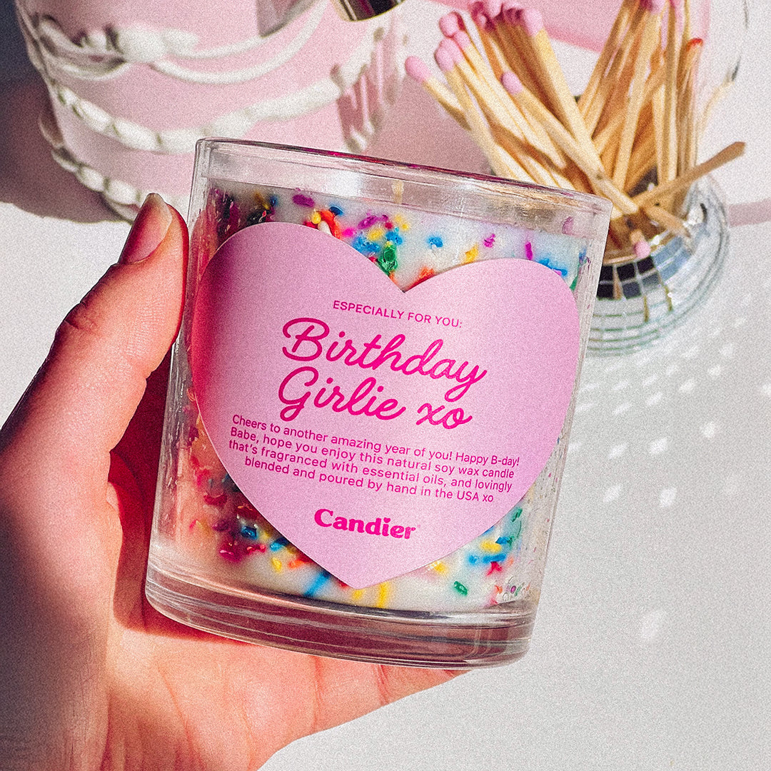 Candier® "Birthday Girlie" candle, featuring a pastel pink jar and rainbow sprinkles. A girly birthday gift with a dreamy vanilla bean buttercream scent—perfect for party vibes, cute gifts, and coquette aesthetic décor