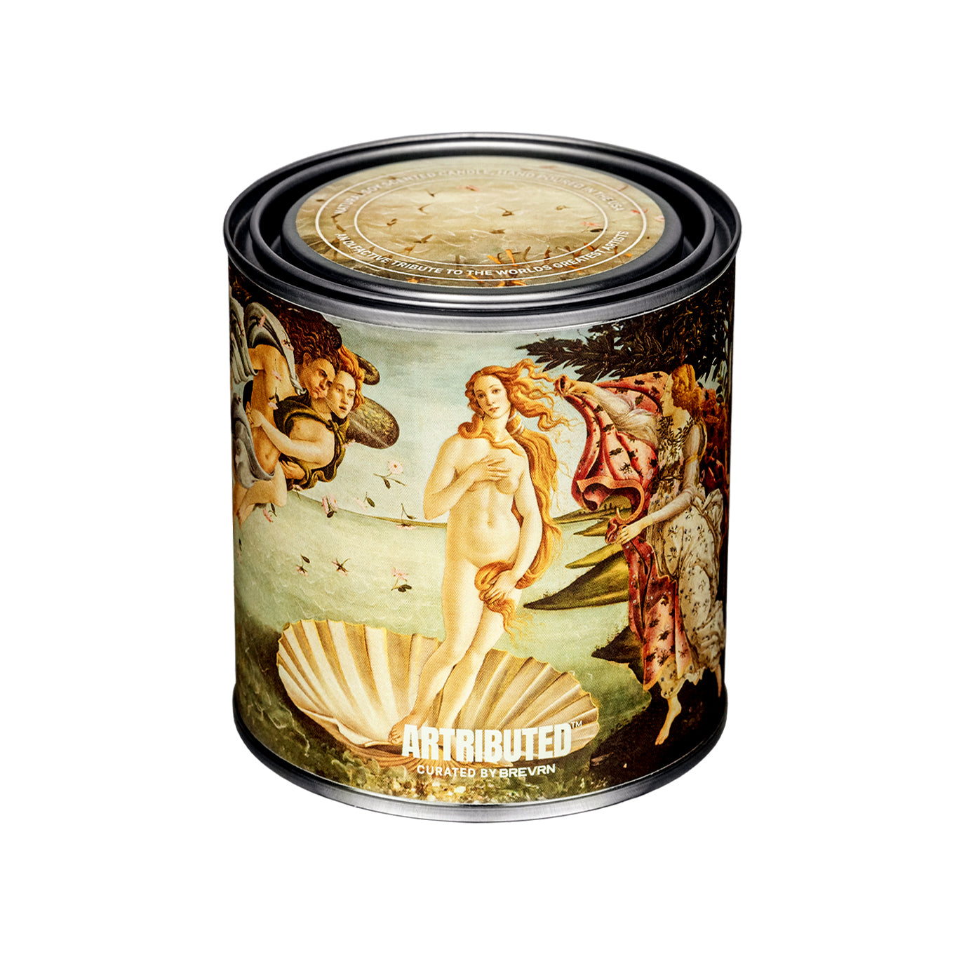 A fine art inspired candle depicting Botticelli's Birth of Venus