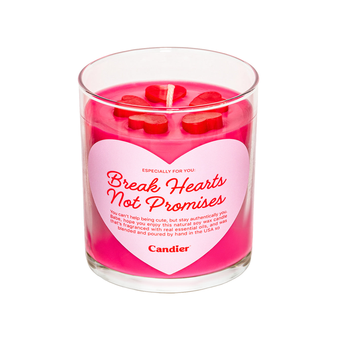 An adorable pink scented candle with red sculpted wax hearts on top, and a heart shaped label that reads Break Hearts Not Promises by Candier®