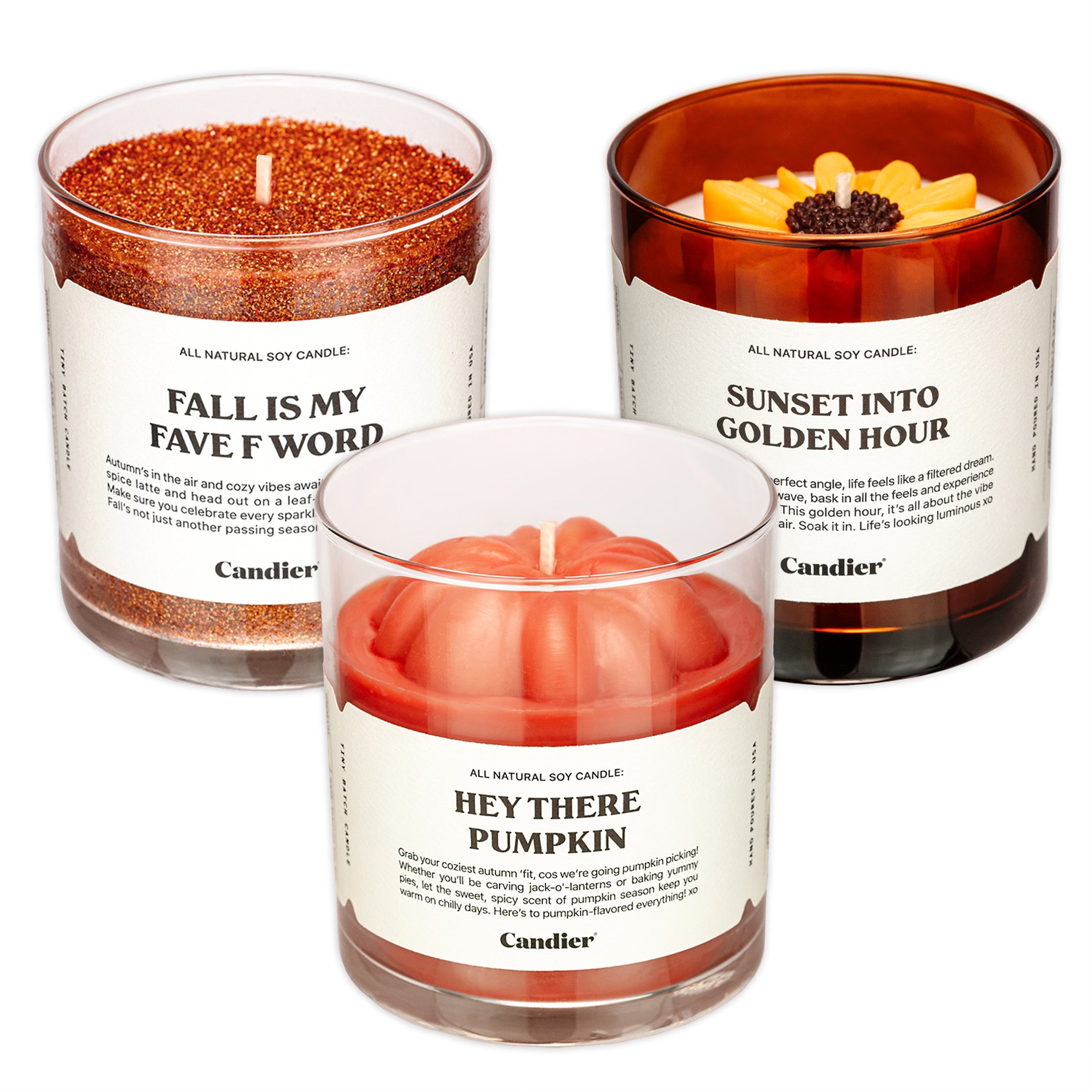 An image with 3 autumn fall themed candles, one is sparkling glitter with a label that reads Fall Is My Fave F Word. The second has a molded wax sunflower and a message that reads Sunset Into Golden Hour. The last has a cute mini wax pumpkin and a label that says Hey There Pumpkin