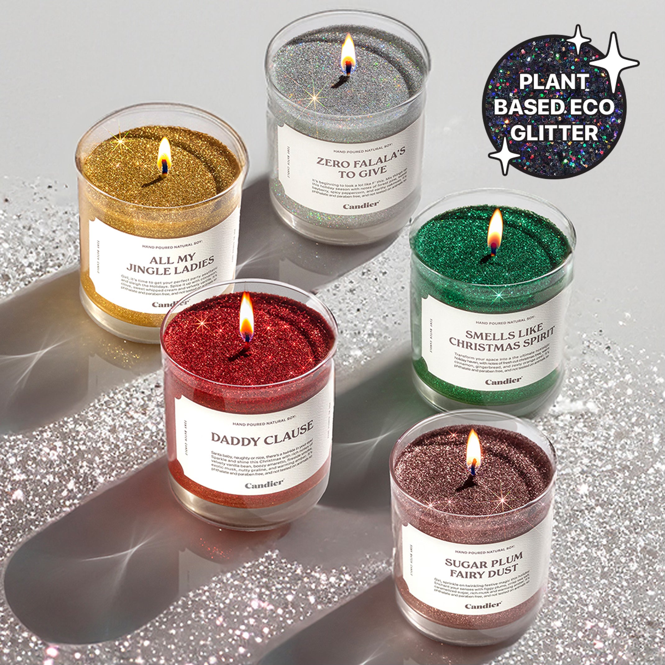 A fun, festive collection of luxury Christmas candles decorated with sparkling plant based candle friendly Eco Glitter