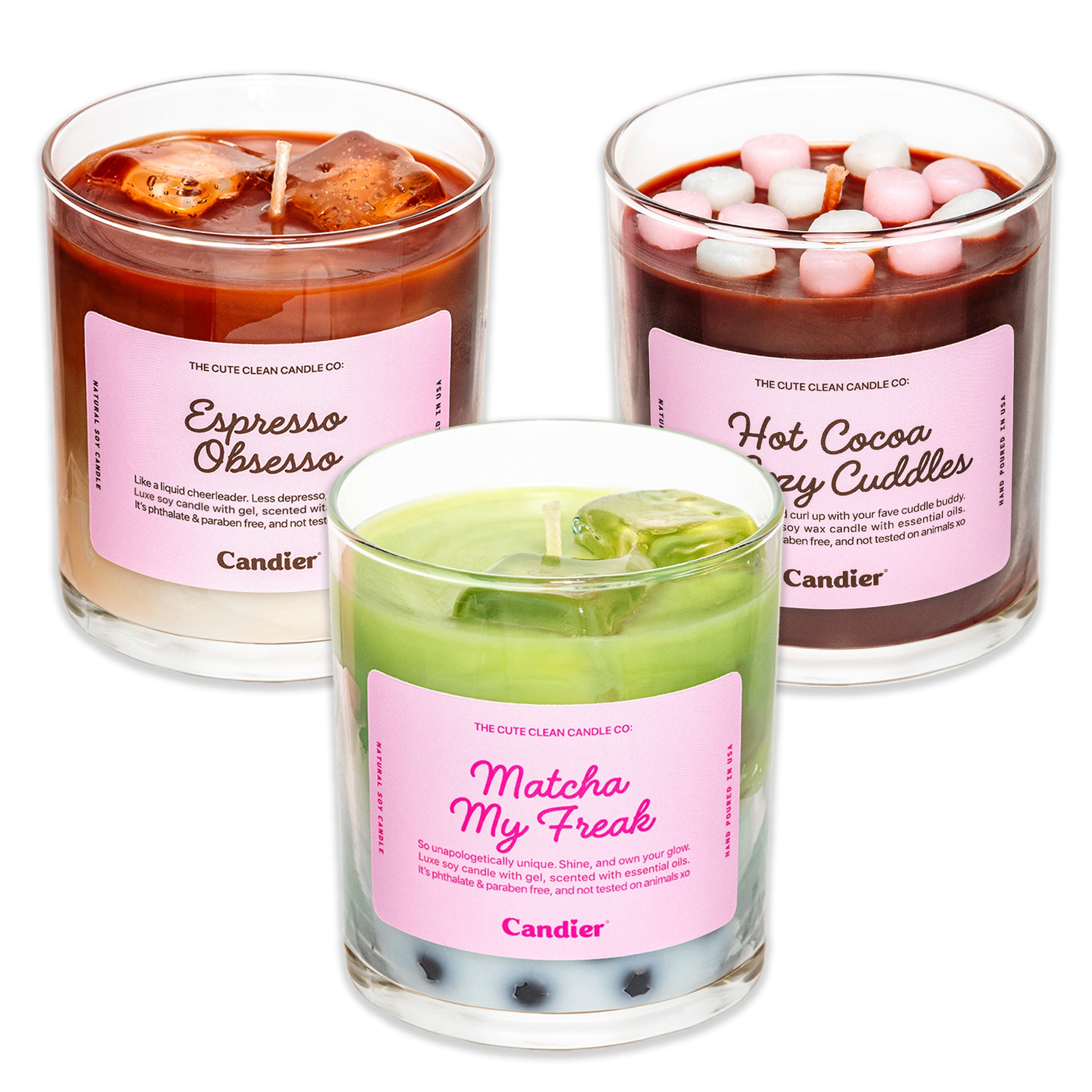 Cozy Sips Candle Bundle – luxury soy candles inspired by coffee, matcha, and hot cocoa candles. Hand-poured in the USA, perfect for coffee lovers and self-care gifts