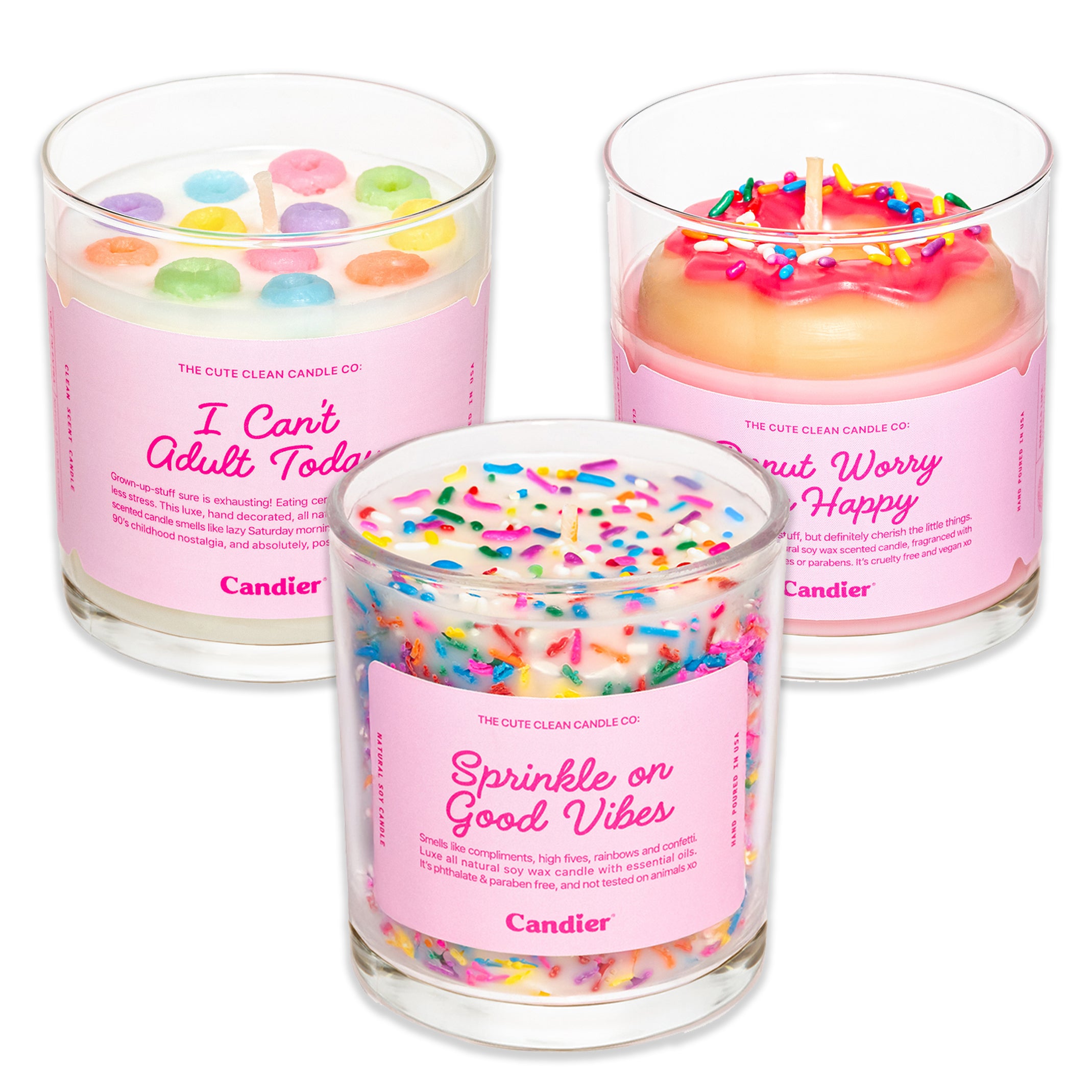 Candier® Sweet Treats Candle Bundle – A luxury scented candle set inspired by donuts, birthday cake, and fruity cereal. Hand-poured soy wax candles made in the USA.