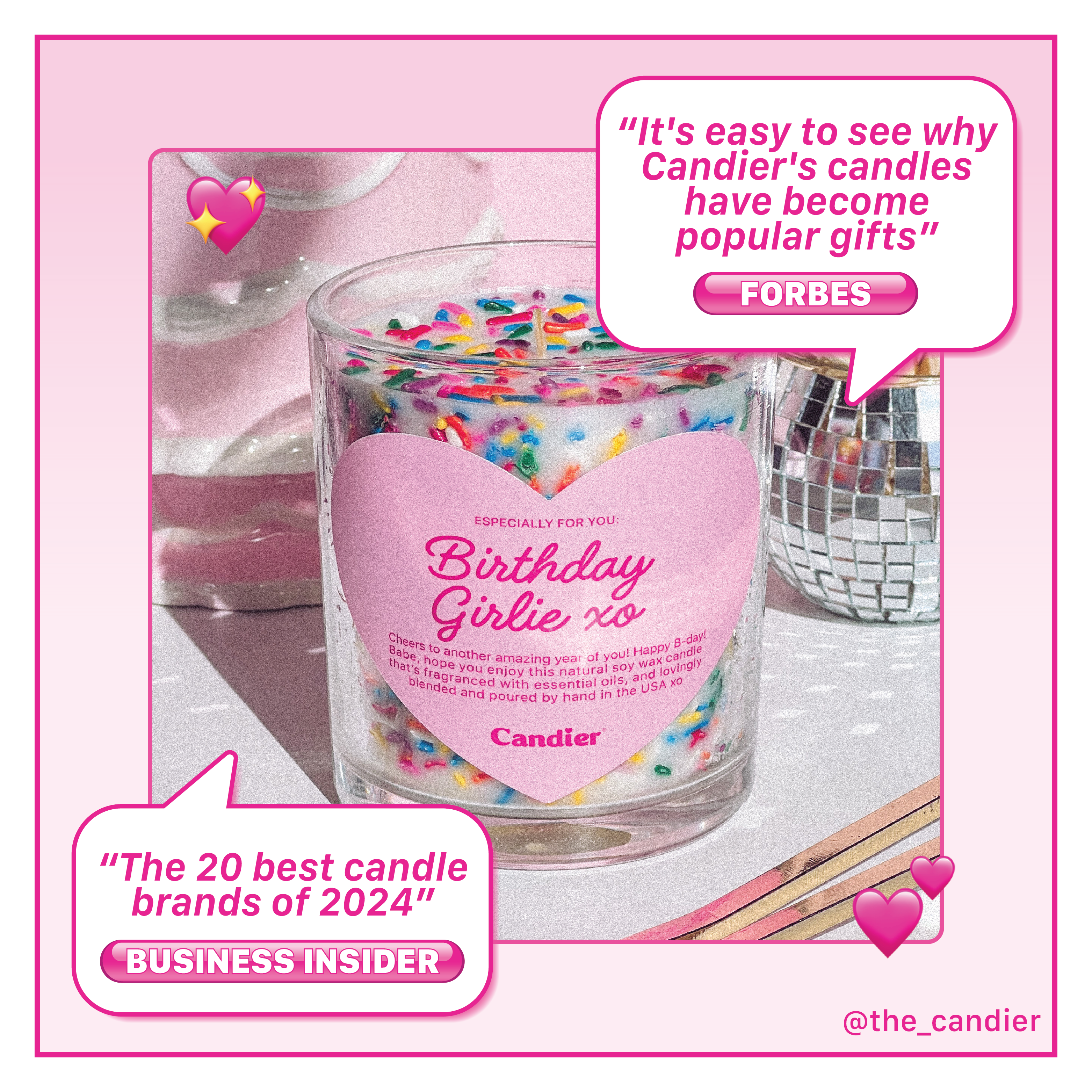 press quotes for Candier, including "It's easy to see why Candier candles have become popular gifts" - Forbes, and "The 20 best candle brands of 2024" - Business Insider