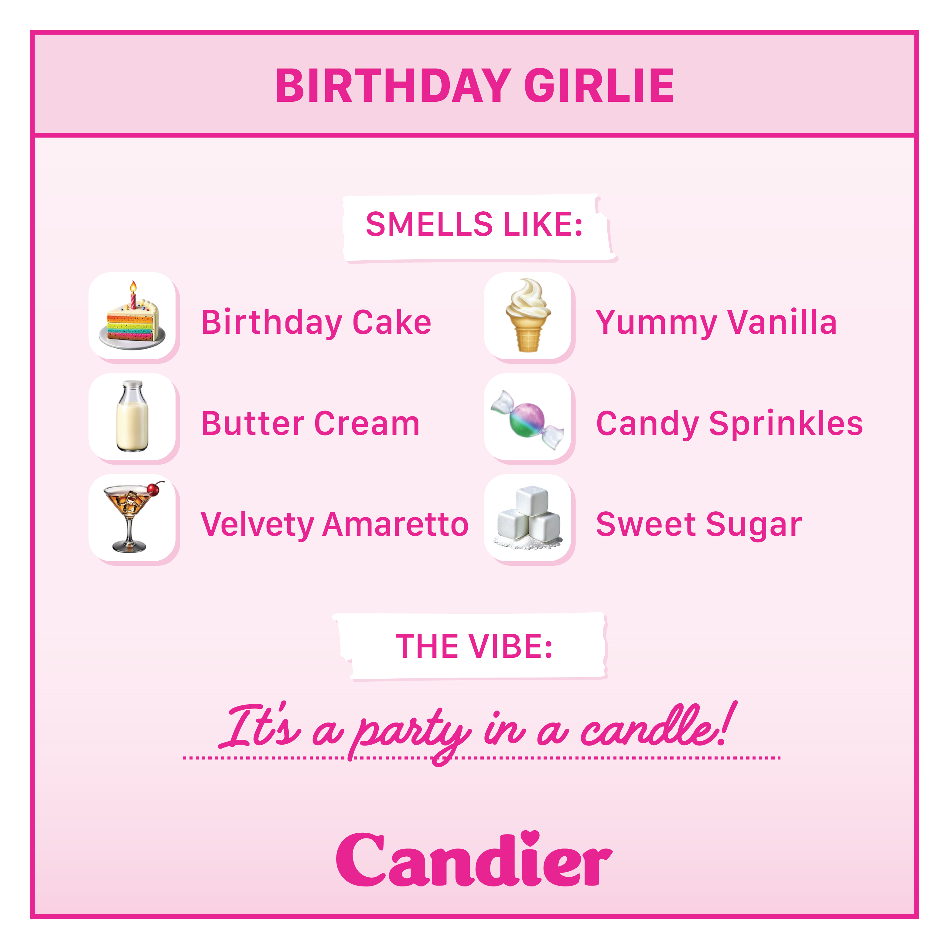 Candier candle Birthday Girlie XO scent list including birthday cake, sugar, buttercream, candy sprinkles, vanilla, bourbon, and a tagline that reads Warm creamy and sweet