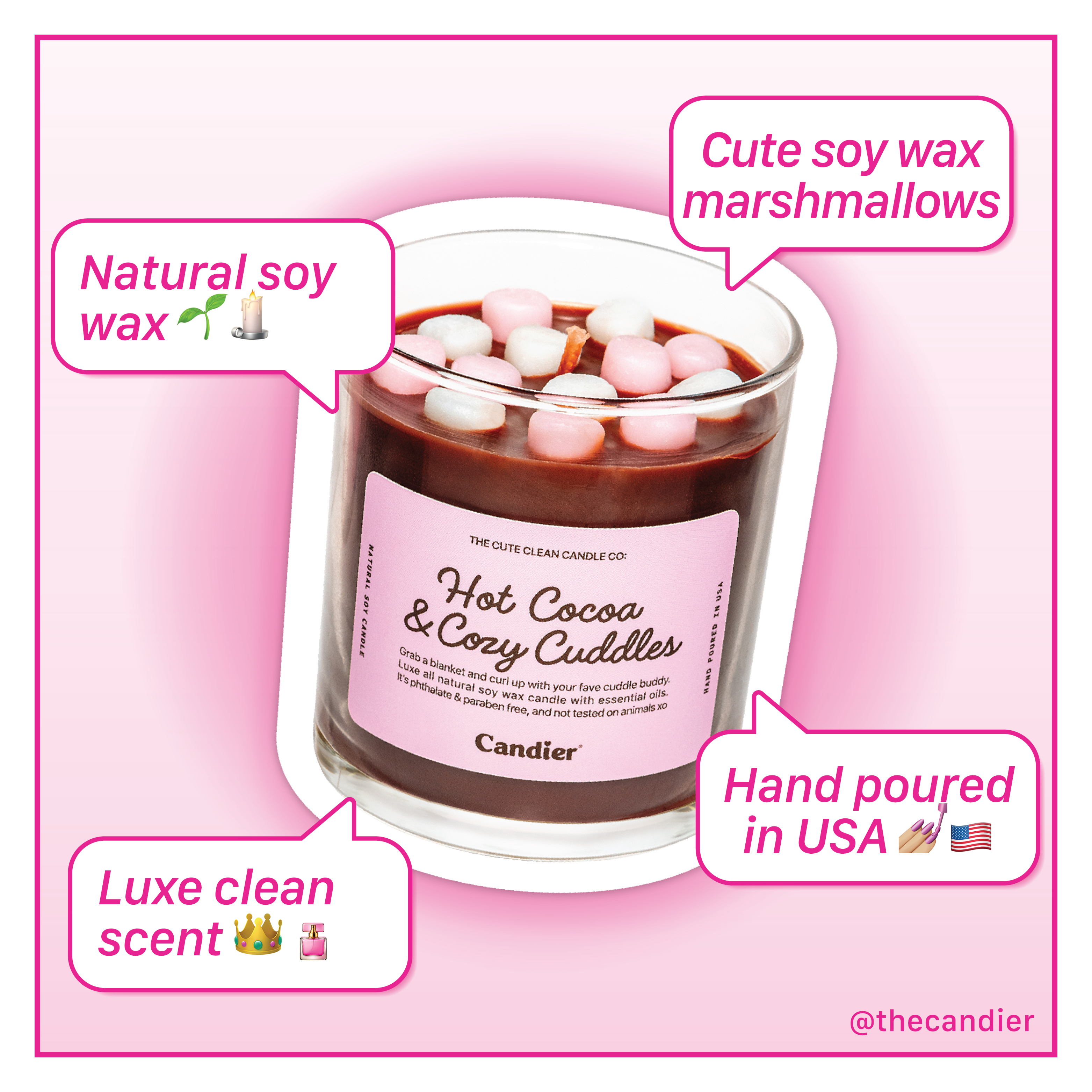 An infographic with highlights for the Hot Cocoa & Cozy Cuddles by Candier® candle, including speech bubbles that read natural soy wax, cute wax marshmallows, hand pourd in the USA and luxe clean scent