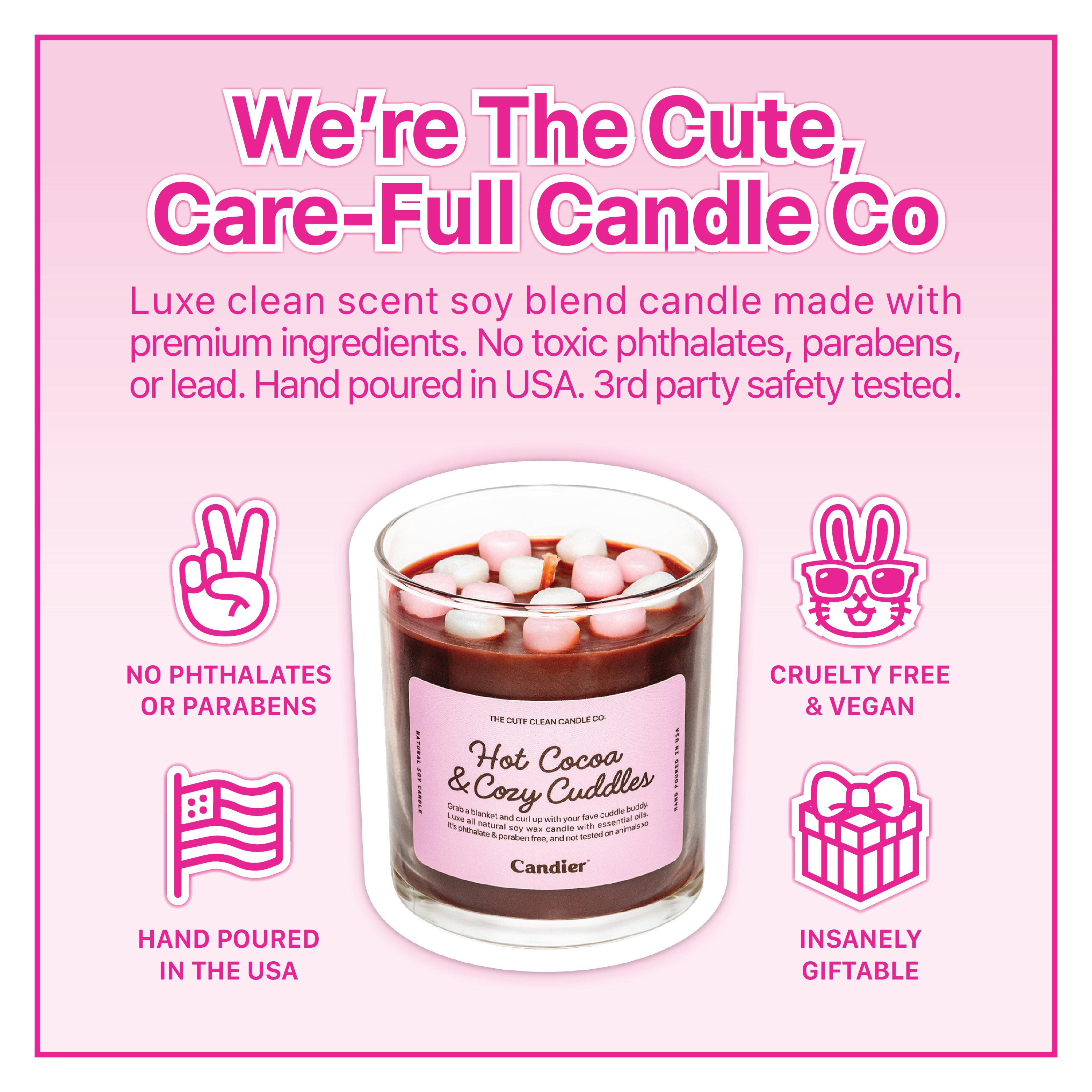 An infographic explaining why Candier candles are cute and care-full including callouts for no phthalates or parabens, hand poured in the USA, cruelty free, vegan and insanely giftable 