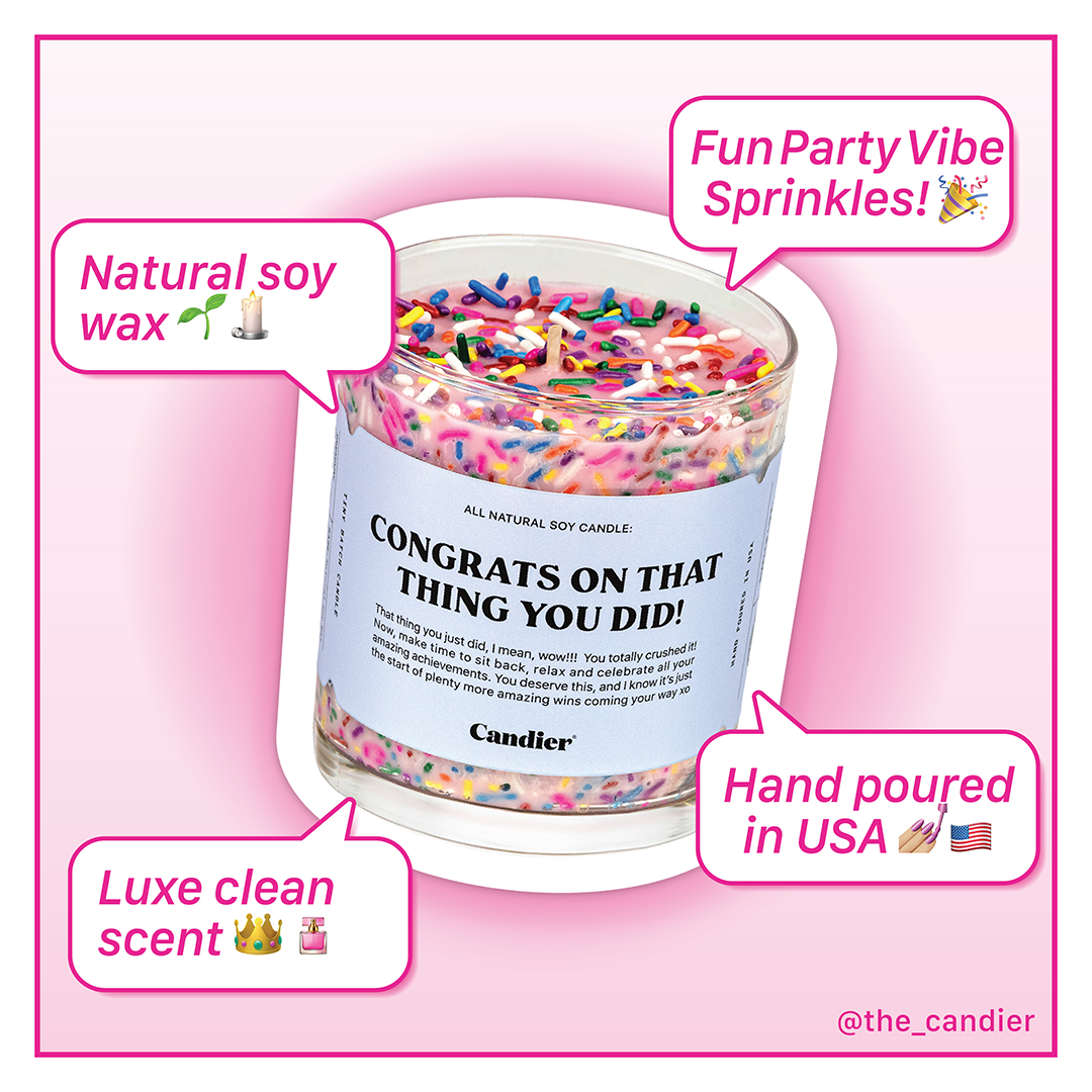 Candier Congrats candle with fun party sprinkles – a sweet strawberry scented candle. This Ryan Porter candle makes the best luxury candles gift for women and teen girls