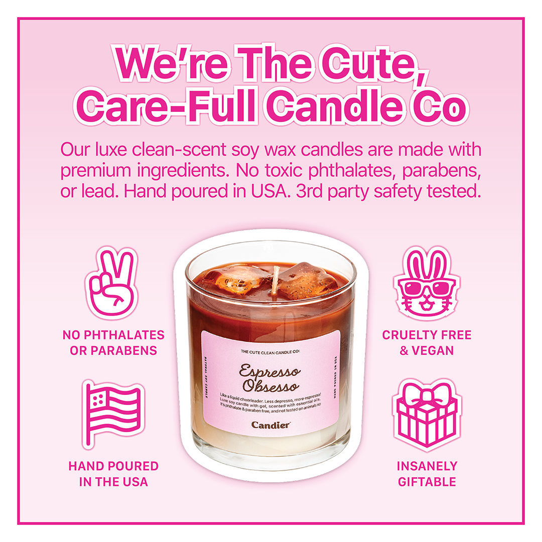 Candier Espresso Obsesso luxury coffee-scented candle – iced coffee candle with vanilla, caramel, and brown sugar. Clean, phthalate-free scent, cruelty-free, vegan, and hand-poured in the USA. Insanely giftable!