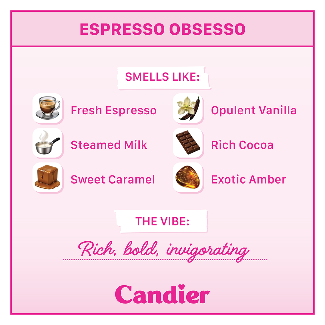 Candier Espresso Obsesso coffee-scented candle – luxury iced coffee candle with fresh espresso, vanilla, caramel, rich cocoa, and exotic amber. A bold and invigorating fragrance, perfect for gifting