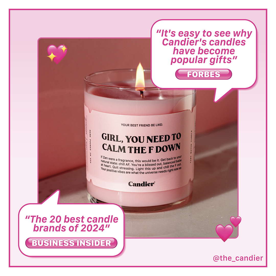 A featured Forbes quote praising Candier, the maker of the Girl, You Need To Calm Down candle. One of the best luxury candles for gifting