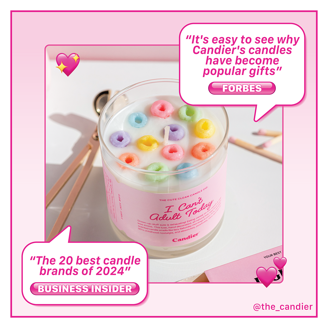 Candier "I Can’t Adult Today" cereal milk candle – Limited edition, hand-poured soy wax with fruit loops. A top-rated giftable candle featured by Forbes & Business Insider