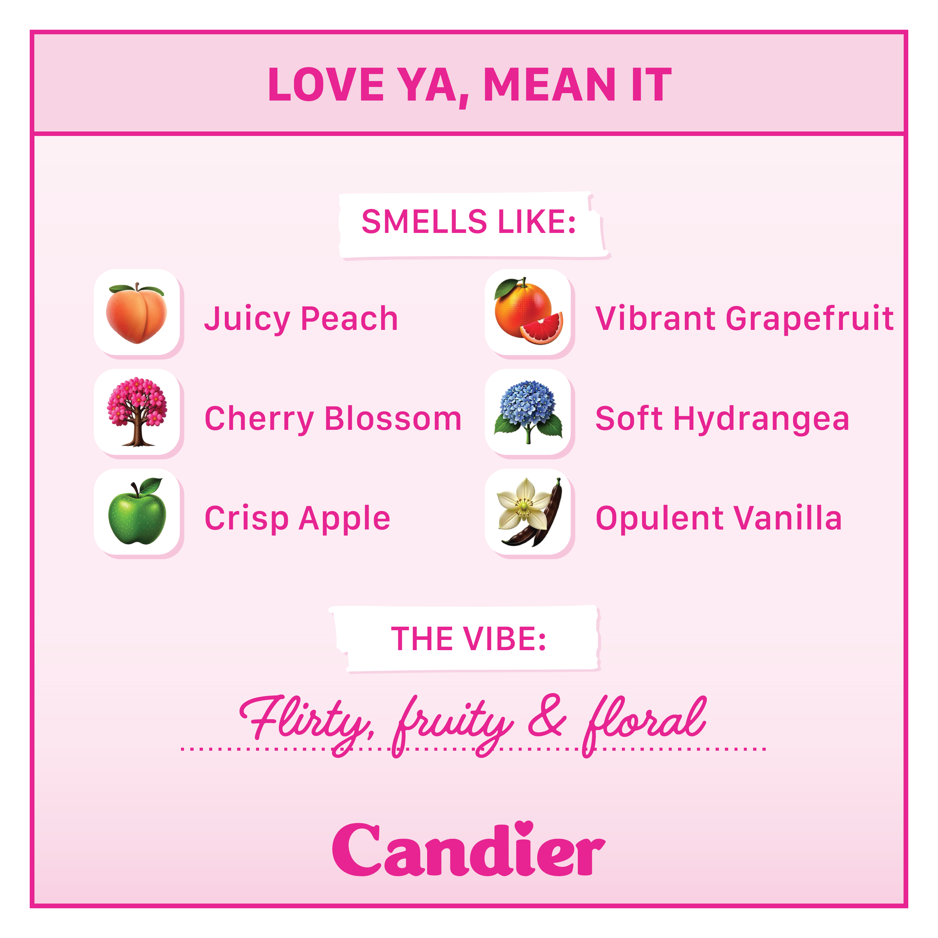 Infographic outlining scents for Candier candle Love Ya Mean It, including peach, sherry blossom, apple, grapefruit, hydrangea and vanilla. And lists the vibe as "Flirty, fruity and floral"