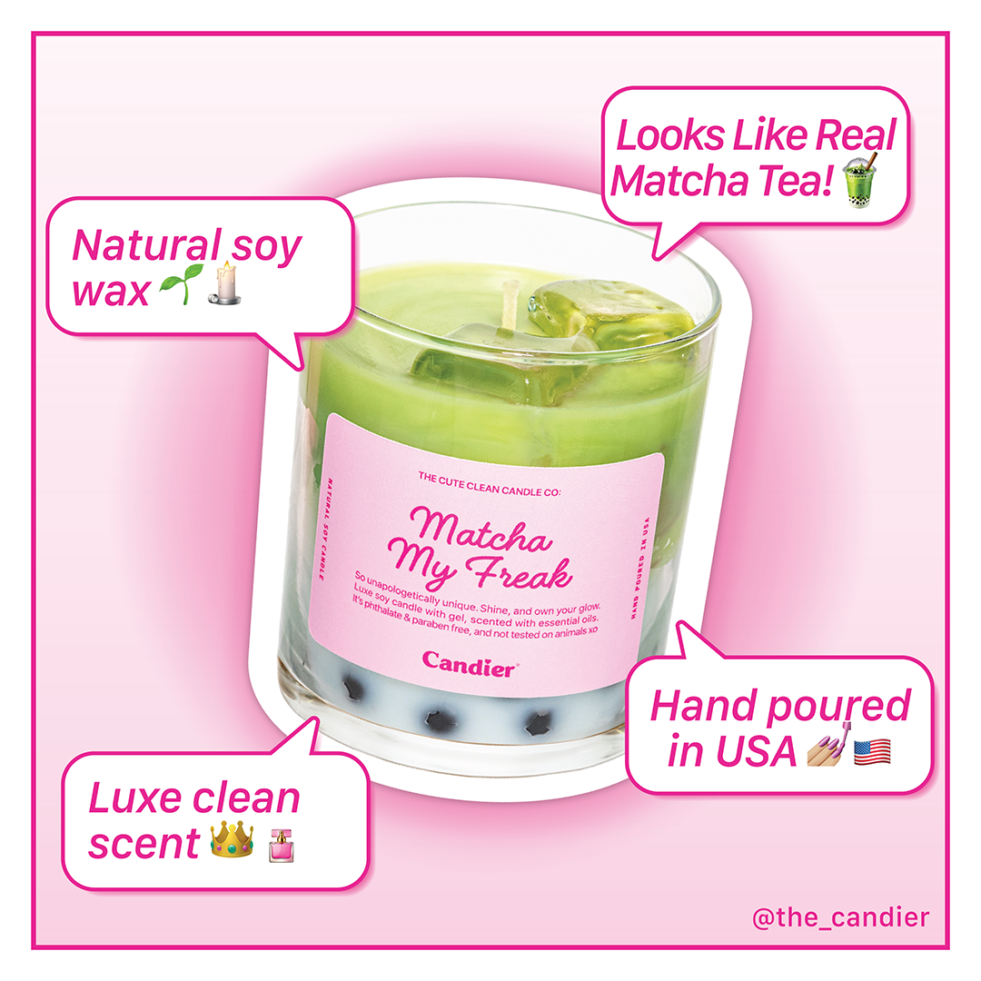 Matcha My Freak luxury candle by Candier – matcha tea, vanilla, and brown sugar scent in hand-poured soy wax. Looks like real matcha tea!