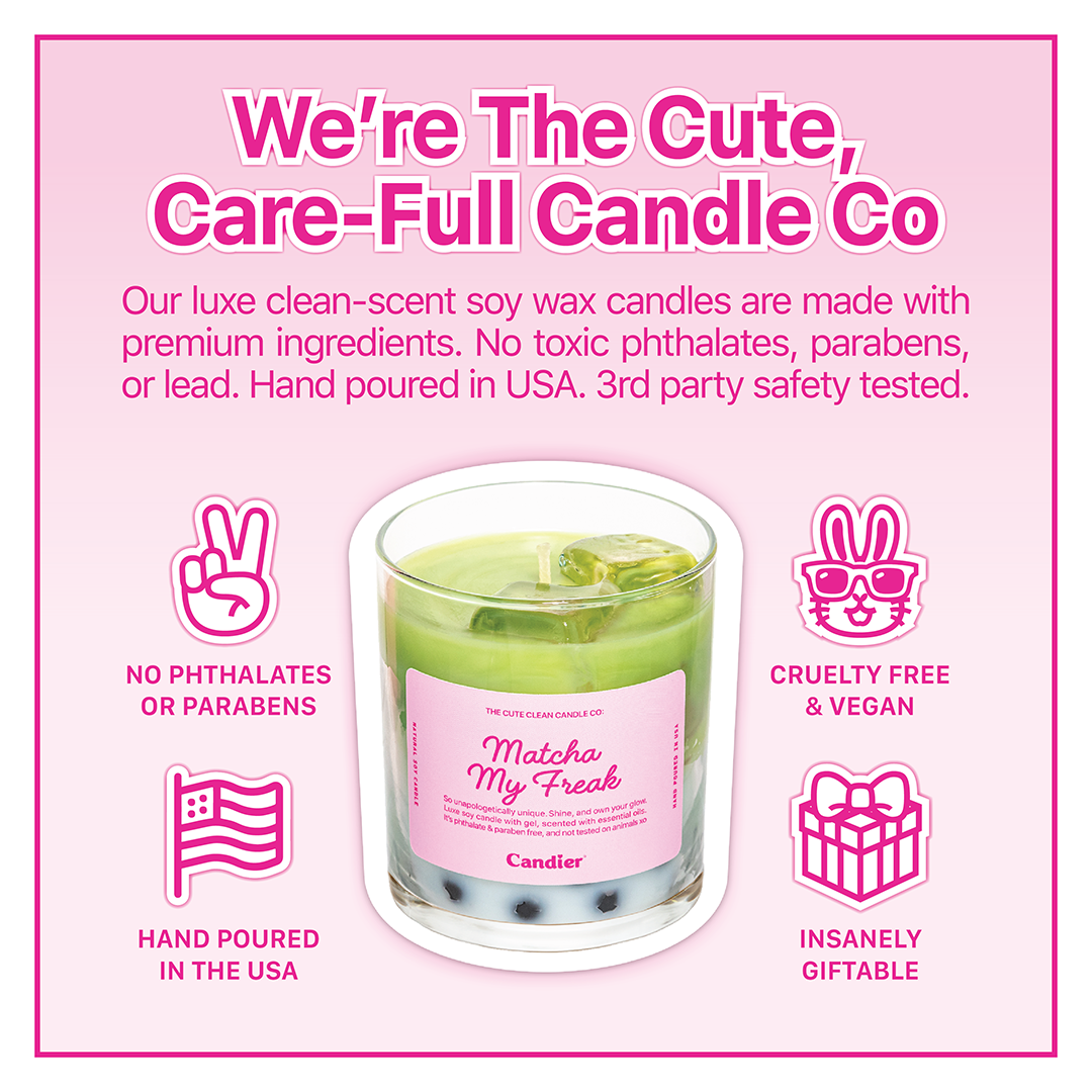 Matcha My Freak soy candle by Candier – premium, vegan, no phthalate or parabens with a creamy matcha scent. Hand-poured and insanely giftable