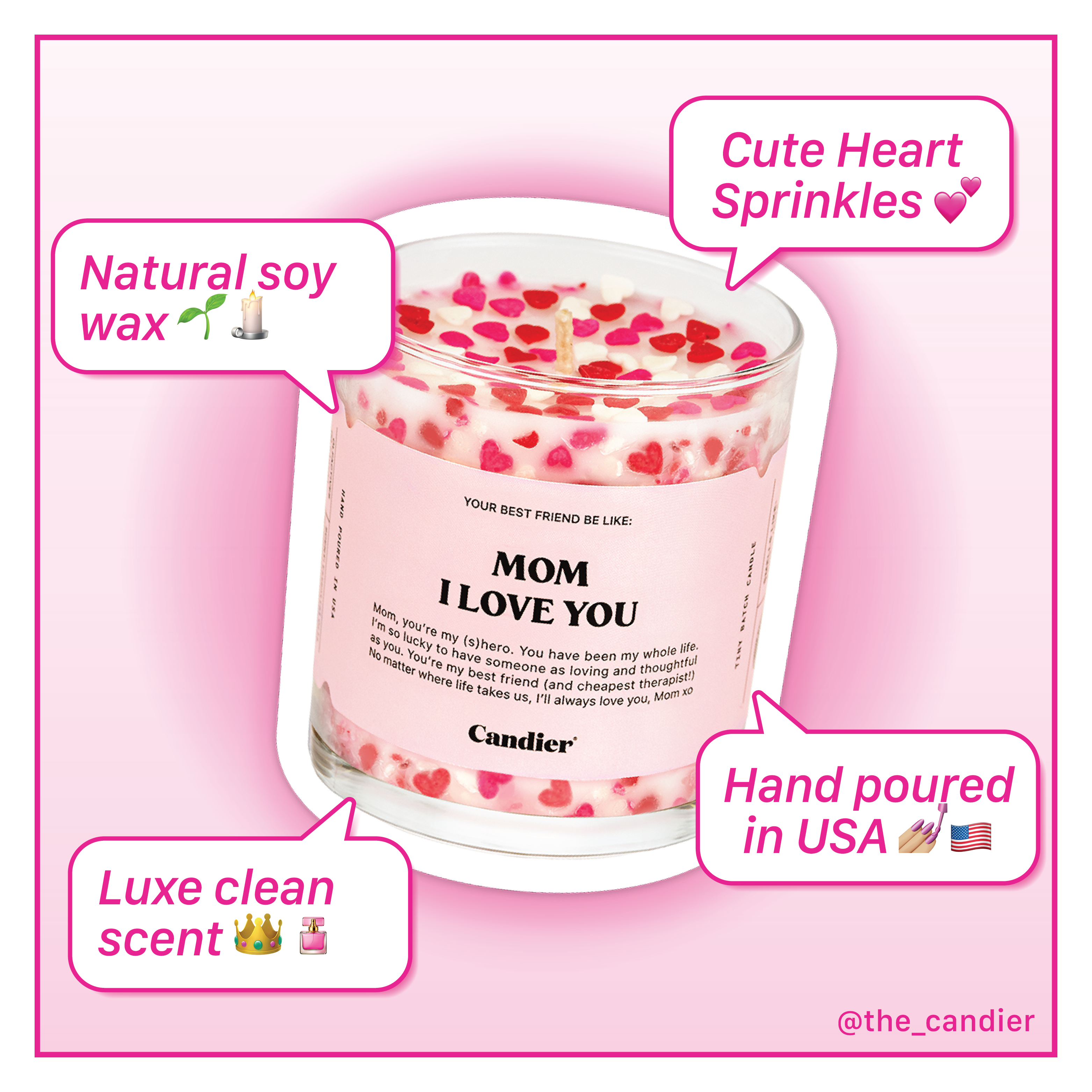 Luxury Mother’s Day Candle Gift – Candier® Cute & Clean Candles | This premium candle is made with clean ingredients, featuring adorable heart sprinkles & a heartfelt love letter for Mom.