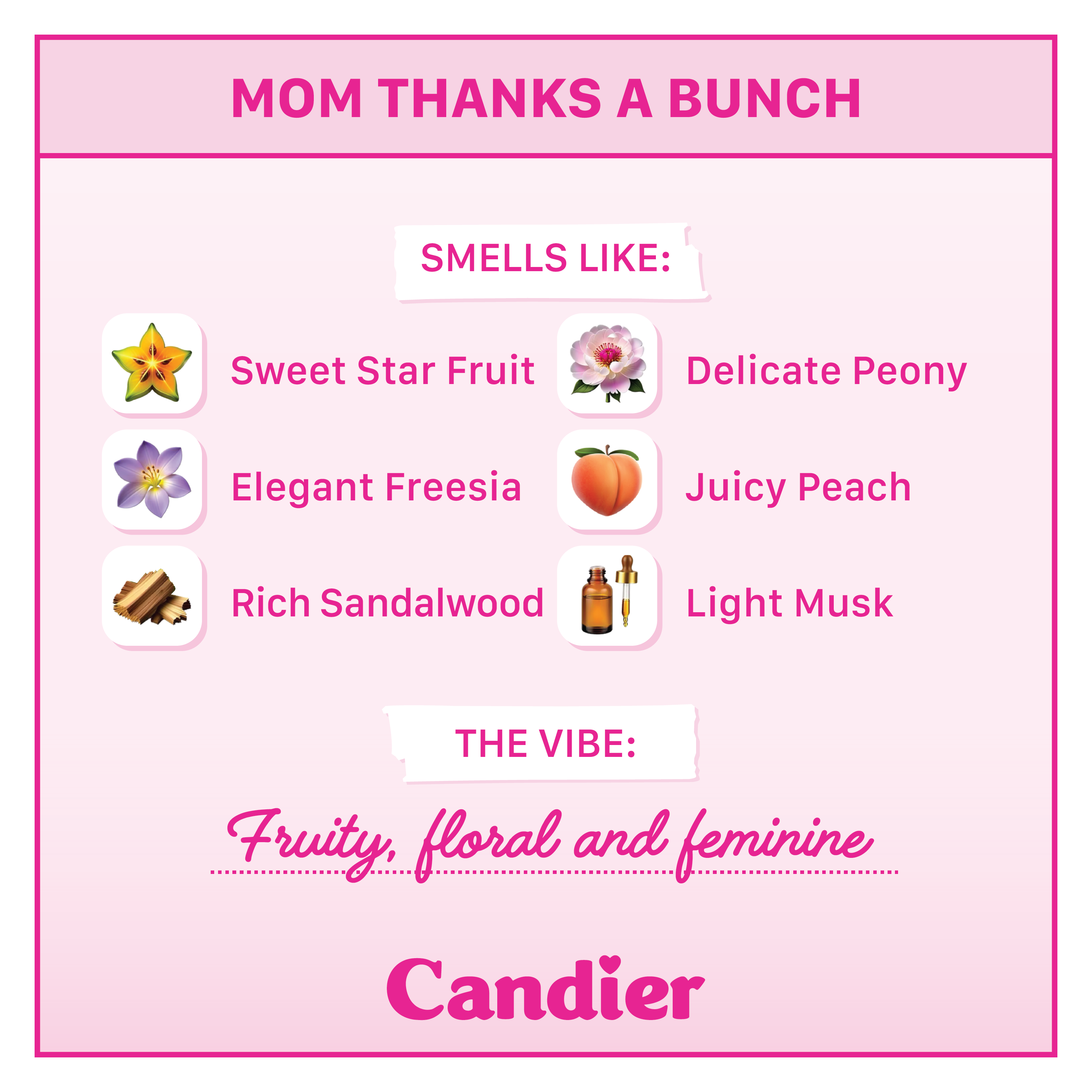 Candier Mom Thanks a Bunch luxury scented candle smells like star fruit, peony, freesia, peach, sandalwood and musk. Fruity floral and feminine