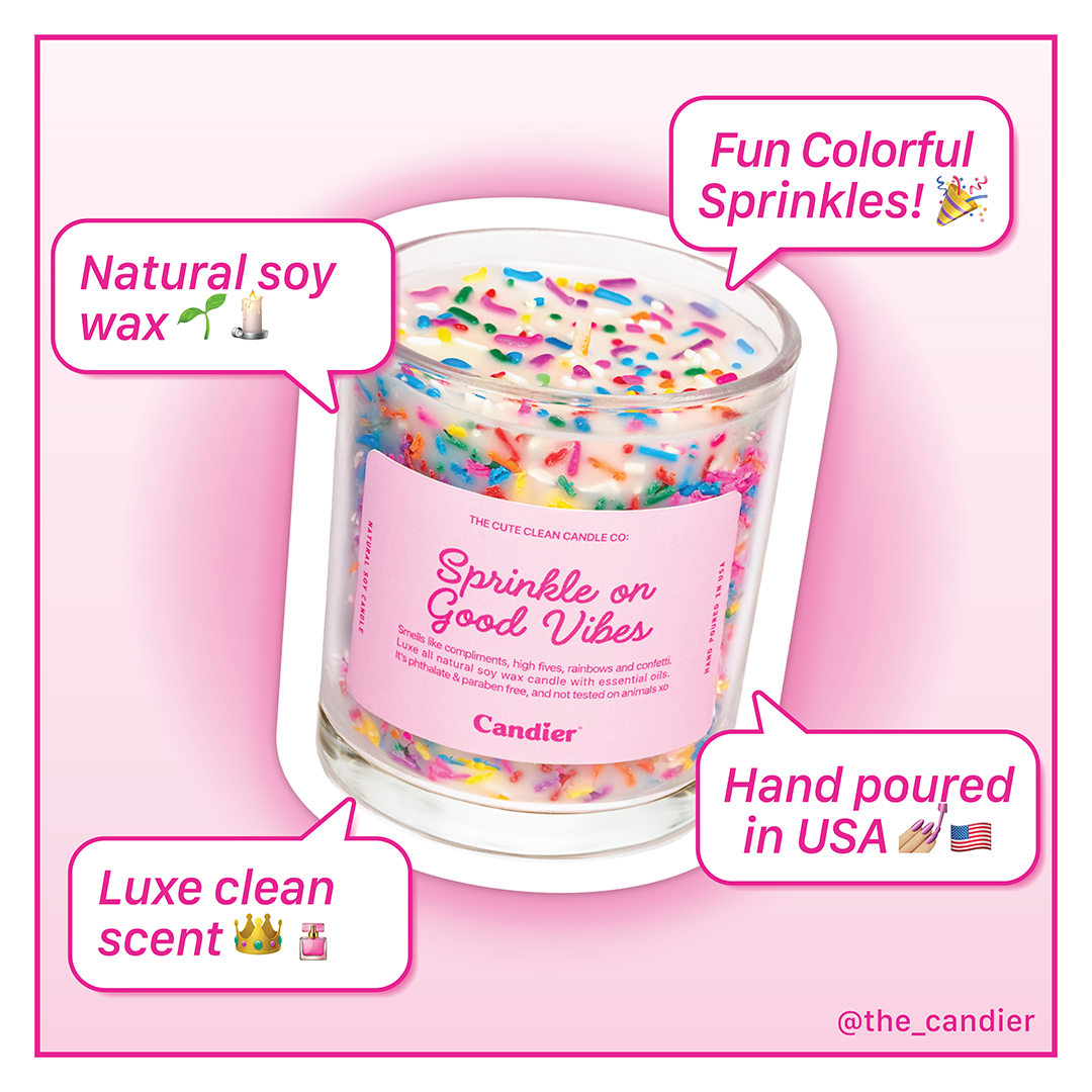 Candier Sprinkle On Good Vibes vanilla cake candle – Hand-poured soy wax with creamy vanilla, buttercream, sweet sugar, and colorful candy sprinkles.