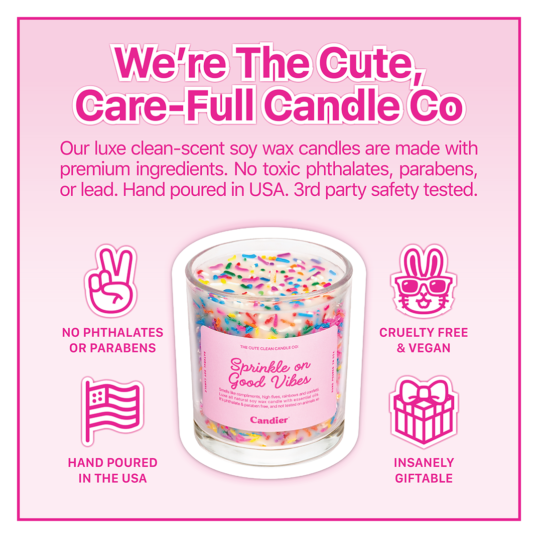 Candier Sprinkle On Good Vibes vanilla cake candle – Hand-poured soy wax, cruelty-free and vegan, with creamy vanilla, buttercream, and candy sprinkles.