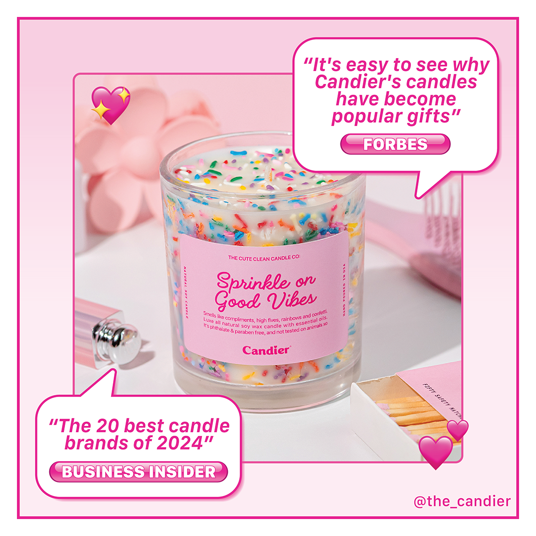 Candier Sprinkle On Good Vibes vanilla cake candle – Hand-poured soy wax with buttercream, candy sprinkles, and sweet sugar. Featured by Forbes & Business Insider