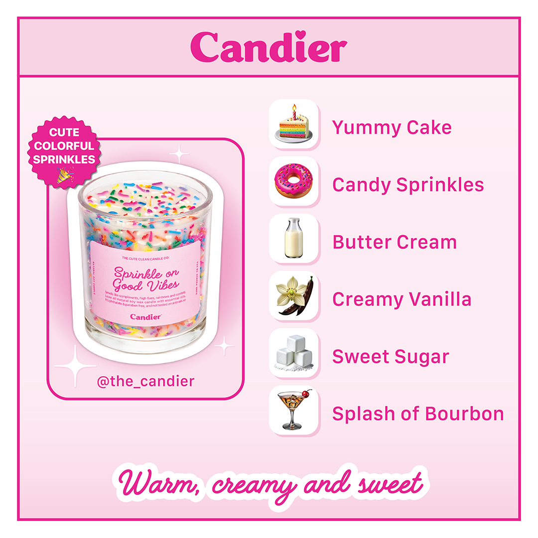 Confetti birthday cake scented candle with rich vanilla bean, frosting & rainbow sprinkles. A sweet-smelling luxury soy wax candle for self-care & celebrations.