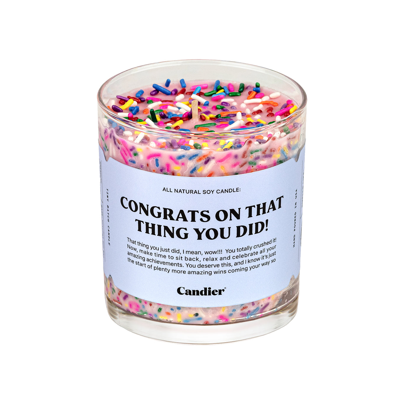 Candier Congrats On That Thing You Did candle – a luxury scented candle with colorful sprinkles. Made in the USA, this fancy candle is the perfect celebration gift