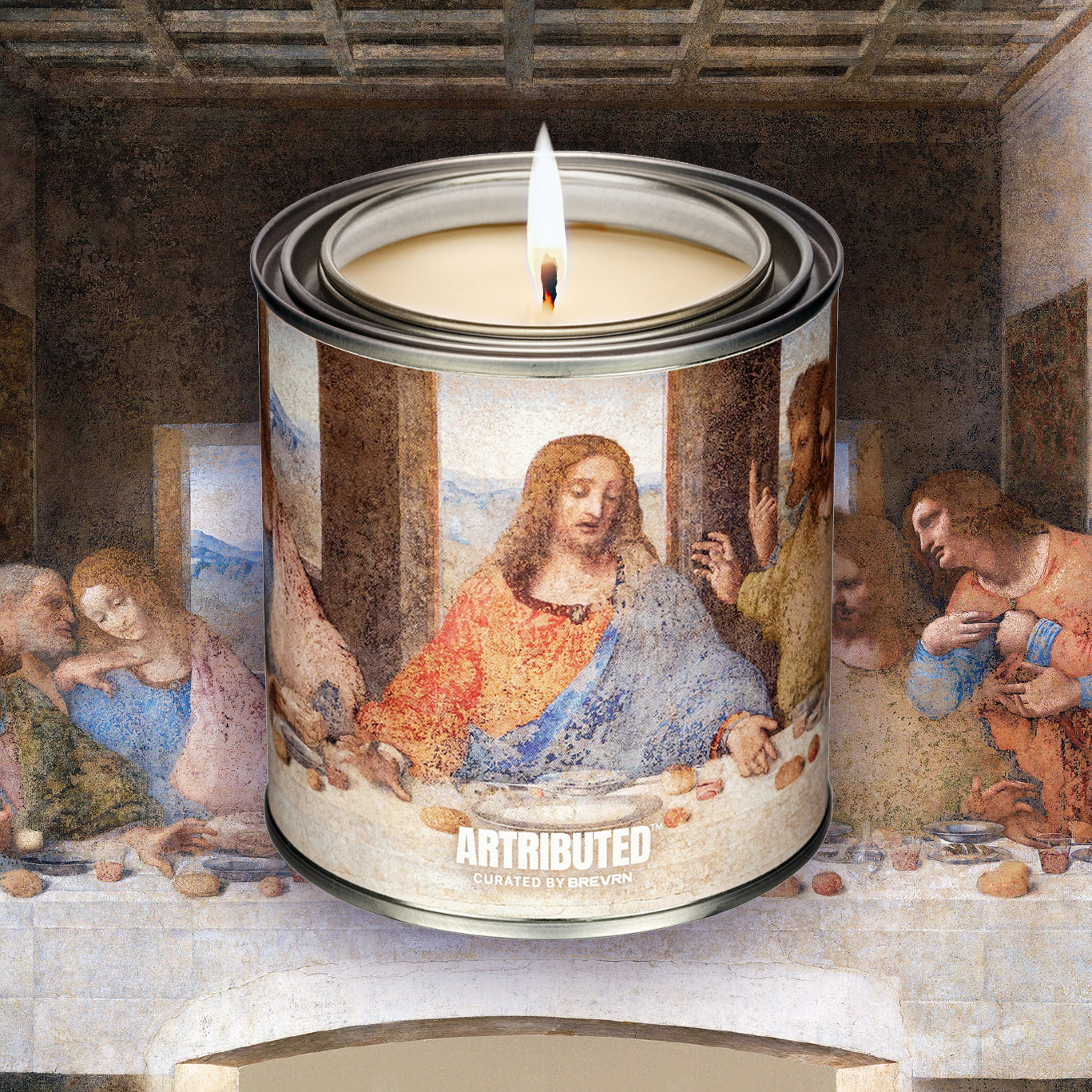 Lit candle depicting Leonardo da Vinci The Last Supper, with the artwork filling the background