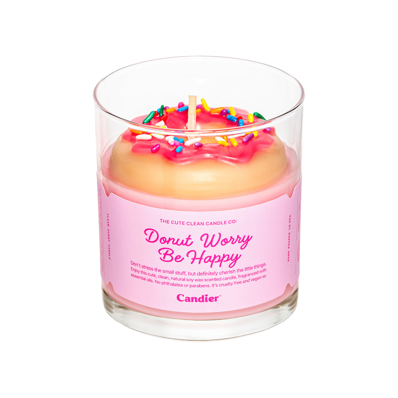 Candier strawberry glazed donut candle – Luxury donut scented candle with sweet vanilla, strawberry, and melted butter notes. A gourmet dessert candle with a sculpted wax donut and colorful sprinkles.