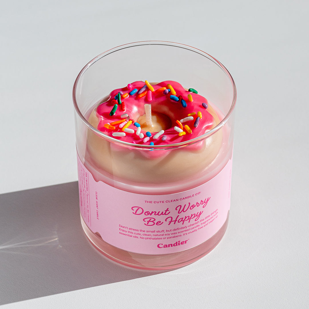 Candier’s donut-themed candle – smells like a strawberry glazed donut with caramelized sugar and vanilla. Adorable wax donut topping