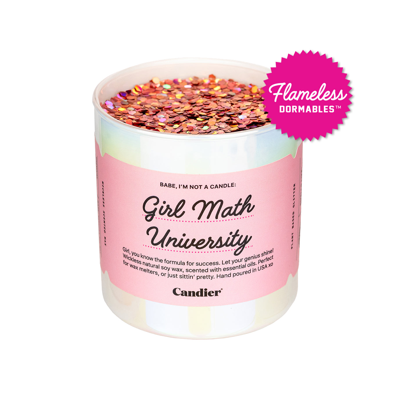 a cute pink wickless candle wax melt with a label that reads Girl Math University