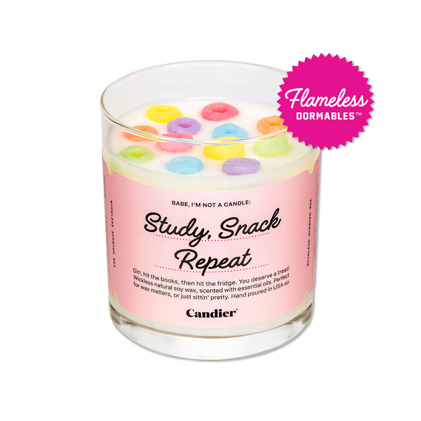 A flameless wax melt topped with colorful wax fruit loop cereal, and alabel that reads Study, Snack, Repeat by CANDIER