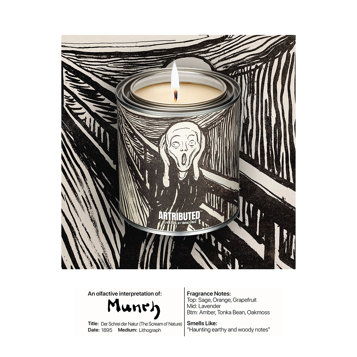 Scented candle featuring the famous painting The Scream of Nature by Edvard Munch, including info on artist, painting and scent 