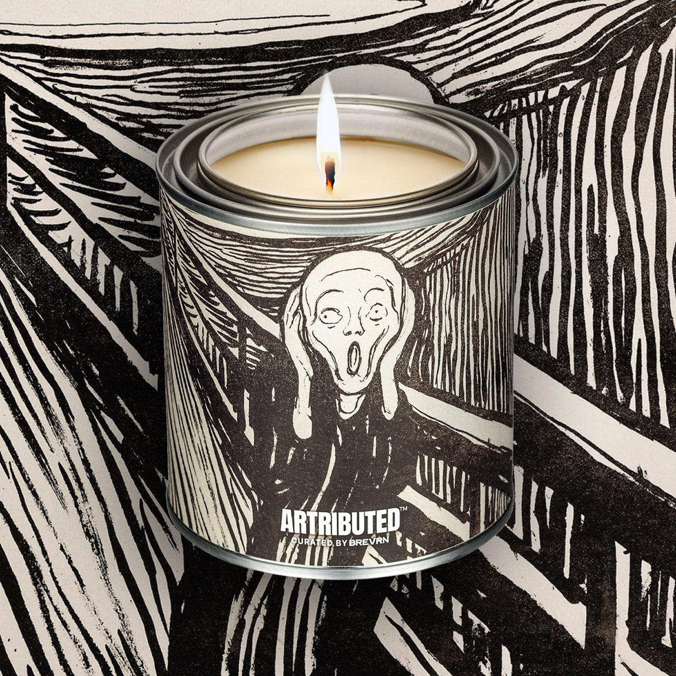 Scented candle featuring the famous painting The Scream of Nature by Edvard Munch, Background also filled with the artwork