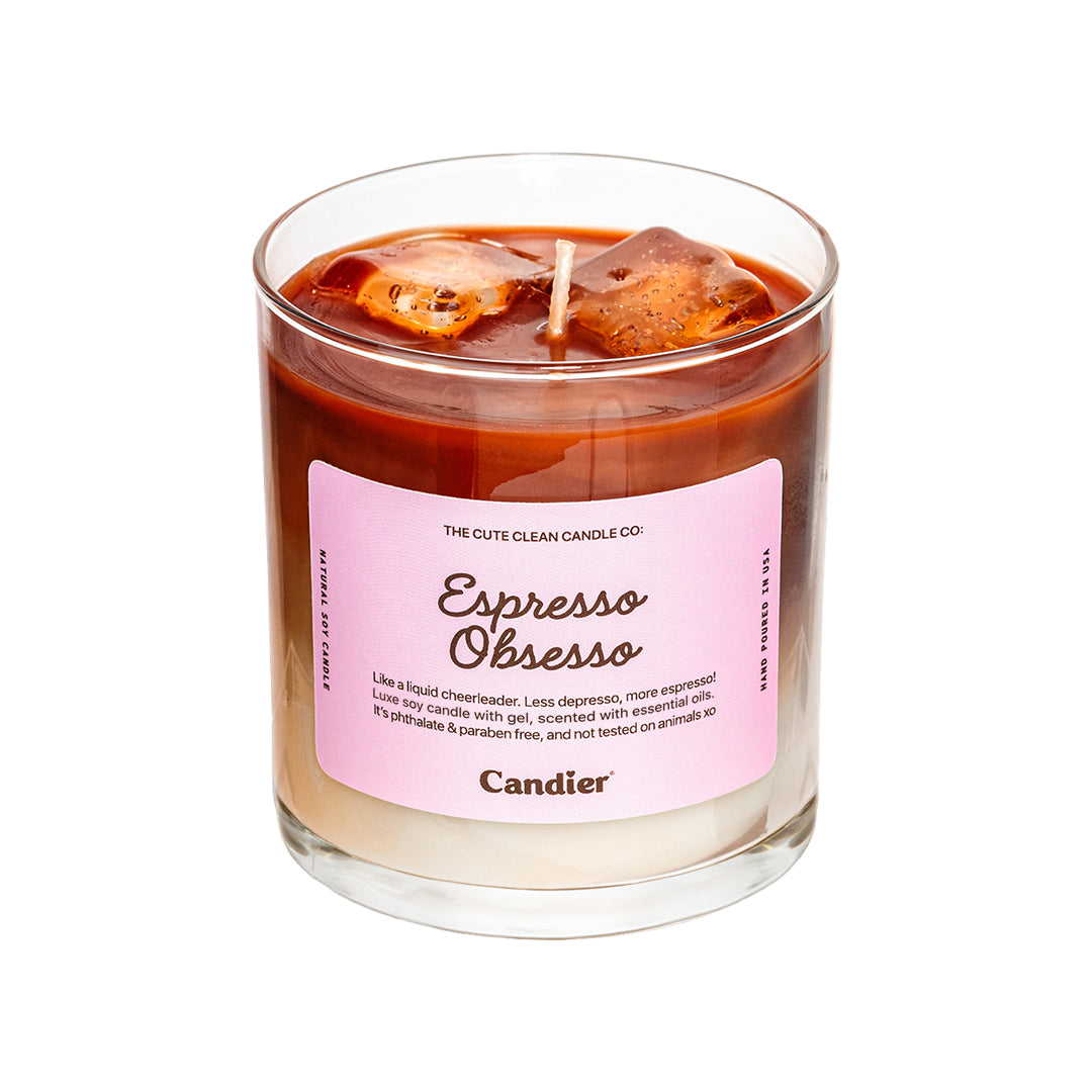 Candier Espresso Obsesso coffee candle – realistic iced latte candle with rich coffee bean aroma in a glass jar