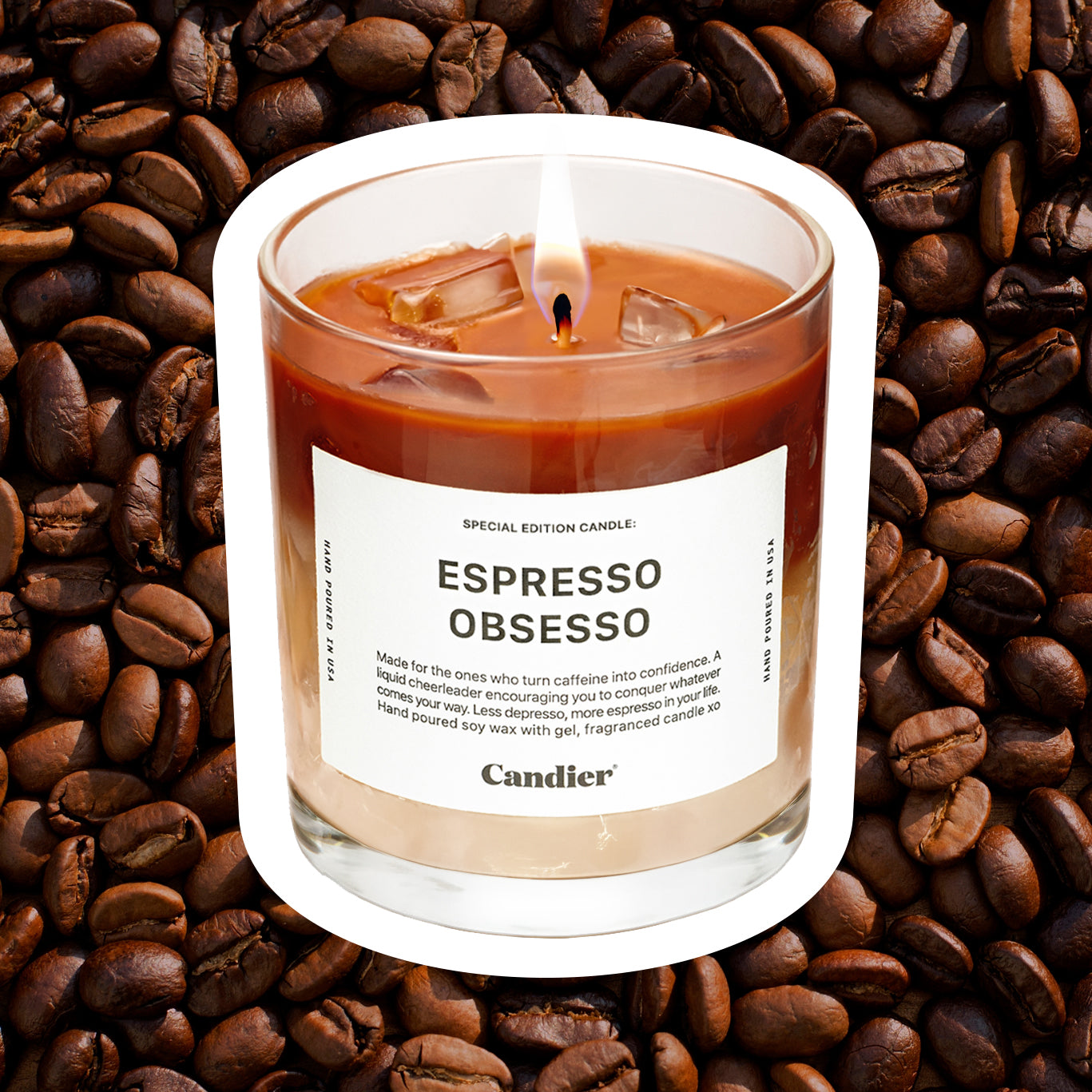 Ice coffee espresso latte inspired candle with a label that reads Espresso Obsesso, and a background of coffee beans