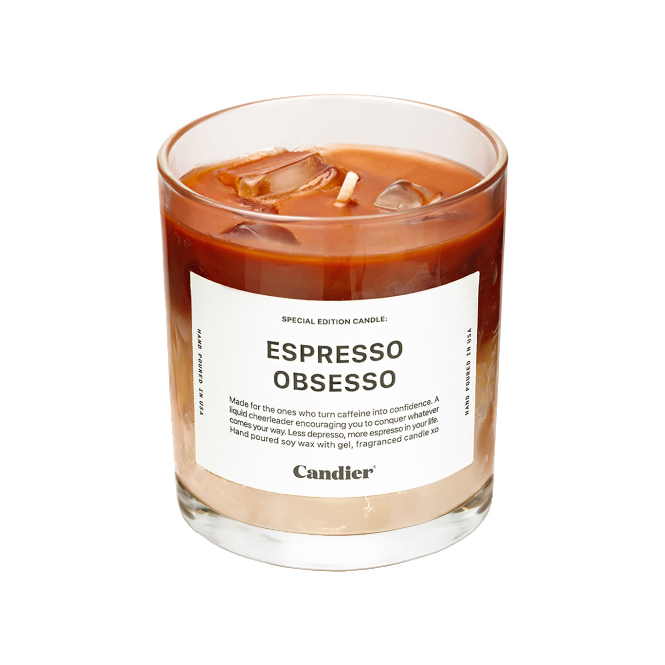 Ice coffee espresso latte inspired candle with a label that reads Espresso Obsesso