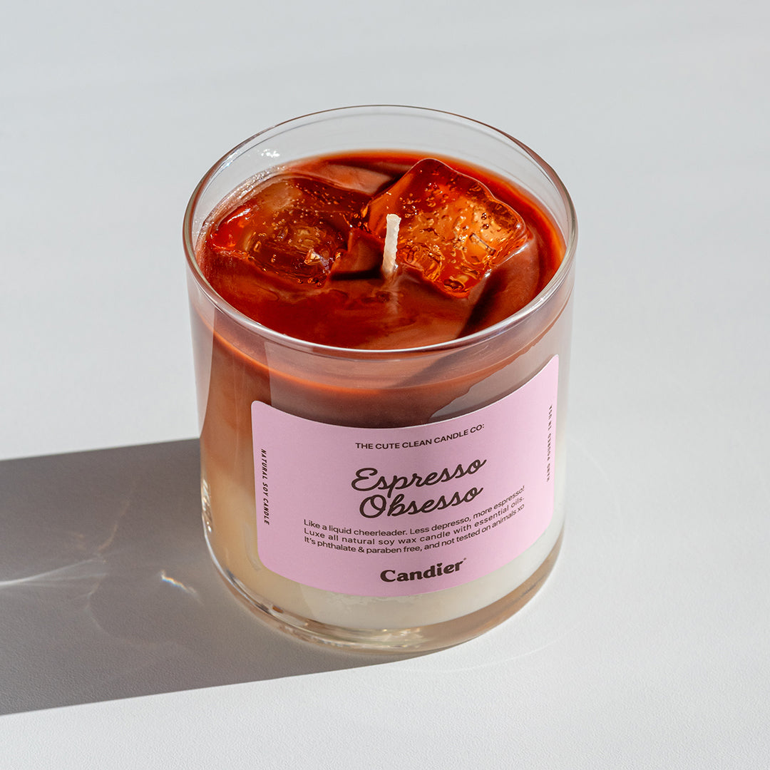 Espresso Obsesso coffee candle – iced coffee fragrance with notes of vanilla, caramel, and roasted coffee beans in a luxury soy wax blend 