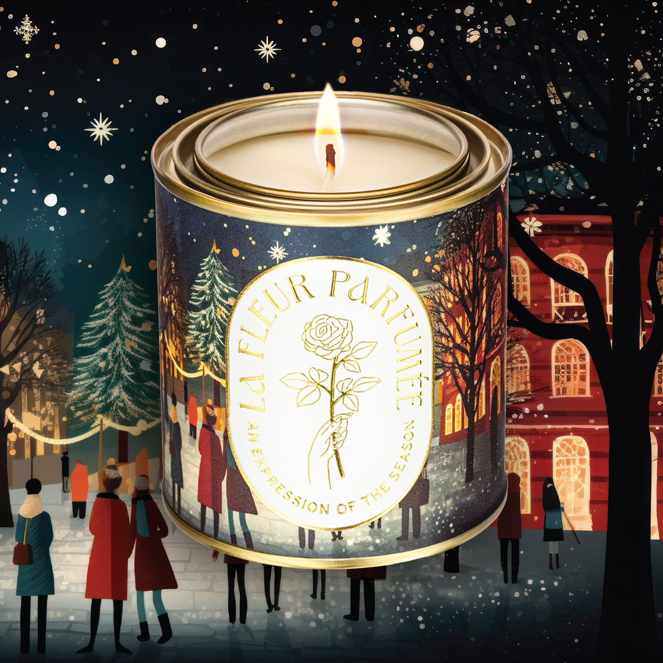 An elegant luxe lit gold-tone candle depicting townsfolk gathering to celebrate Christmas in a charming square under twinkling lights. Snow falls gently as figures in cozy winter wear admire the grand Christmas tree in the town square. The warm glow of shop windows and elegant buildings creates a welcoming ambiance. 