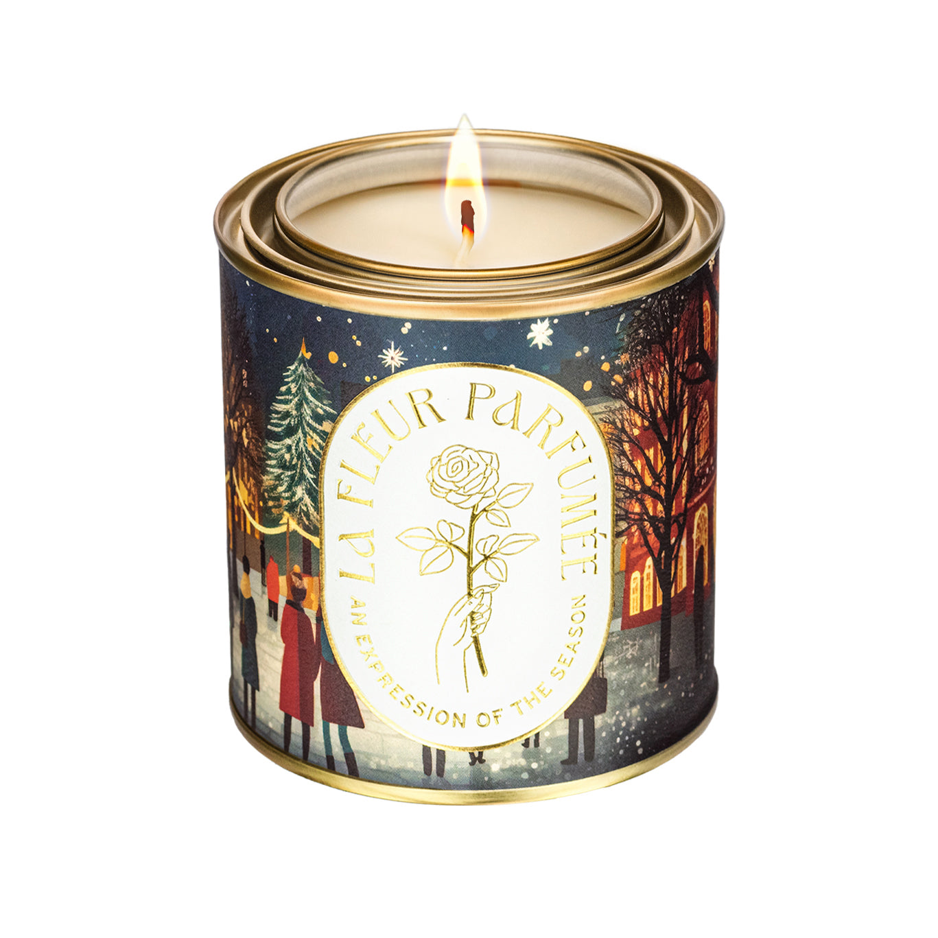 An elegant luxe lit gold-tone candle depicting townsfolk gathering to celebrate Christmas in a charming square under twinkling lights. Snow falls gently as figures in cozy winter wear admire the grand Christmas tree in the town square. The warm glow of shop windows and elegant buildings creates a welcoming ambiance. 