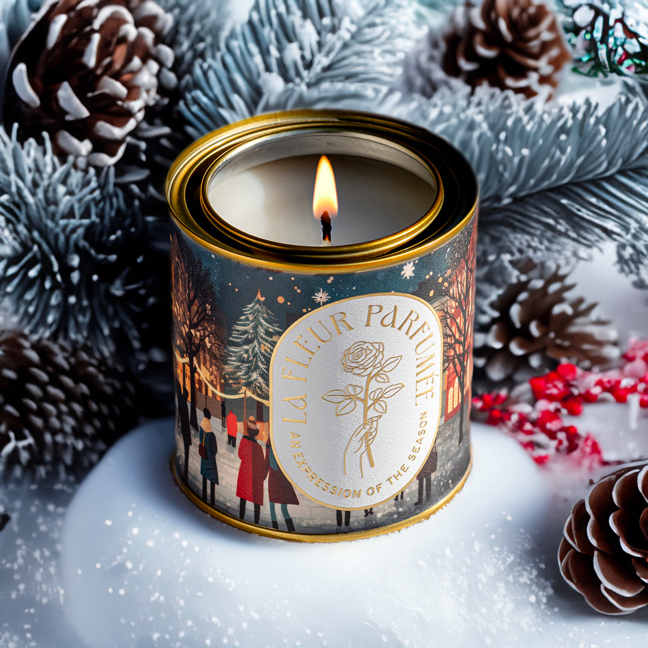 A cozy candle for the holidays with beautiful festive Christmas decorations