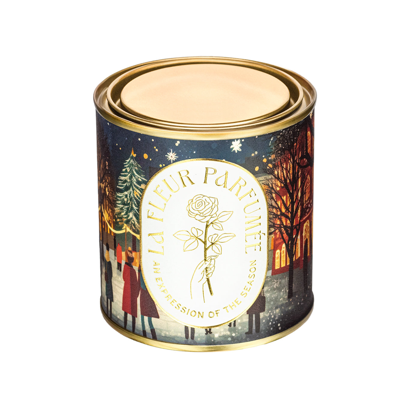 An elegant luxe gold-tone candle depicting townsfolk gathering to celebrate Christmas in a charming square under twinkling lights. Snow falls gently as figures in cozy winter wear admire the grand Christmas tree in the town square. The warm glow of shop windows and elegant buildings creates a welcoming ambiance. 