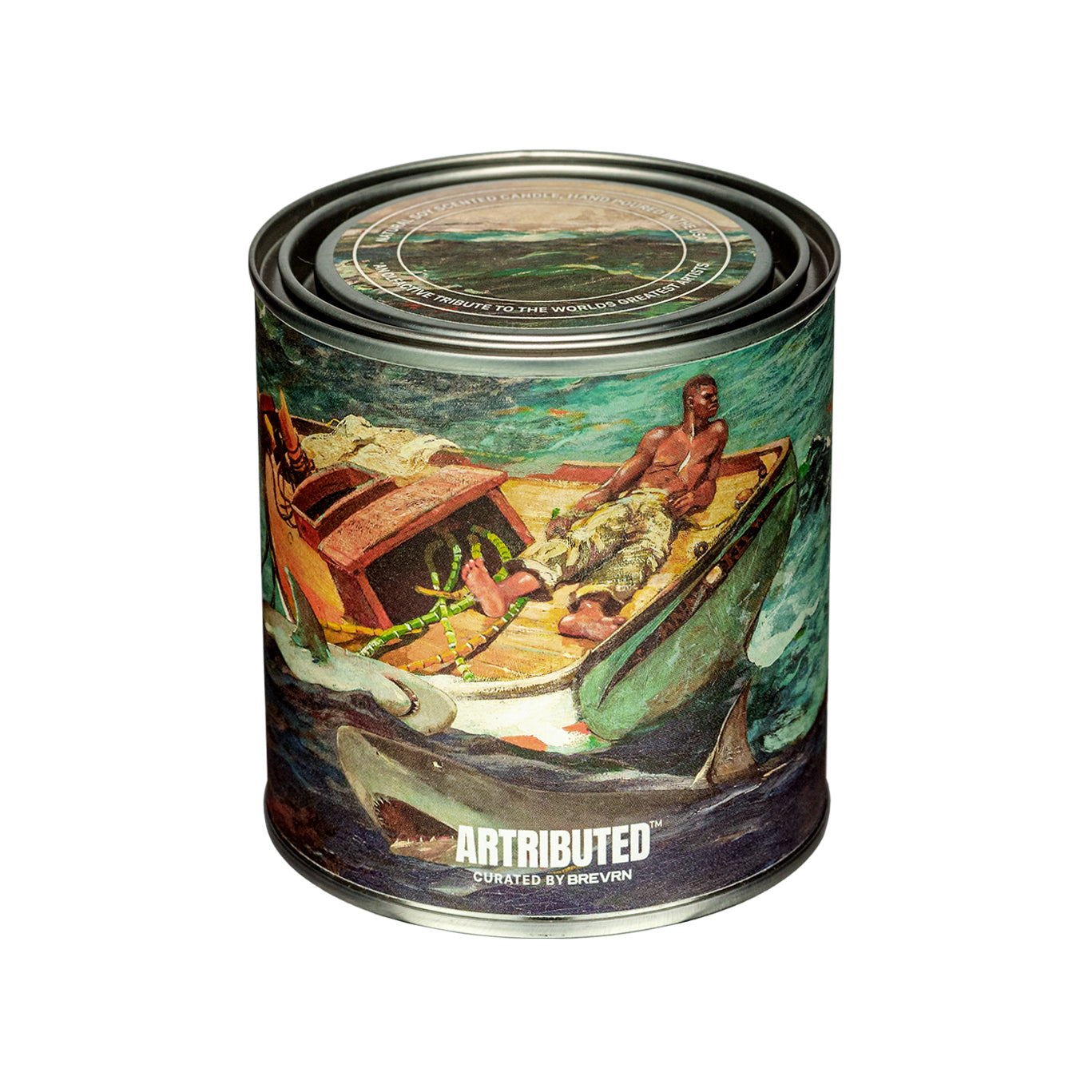 A fine art candle wrapped in the artwork The Gulf Stream by Winslow Homer 