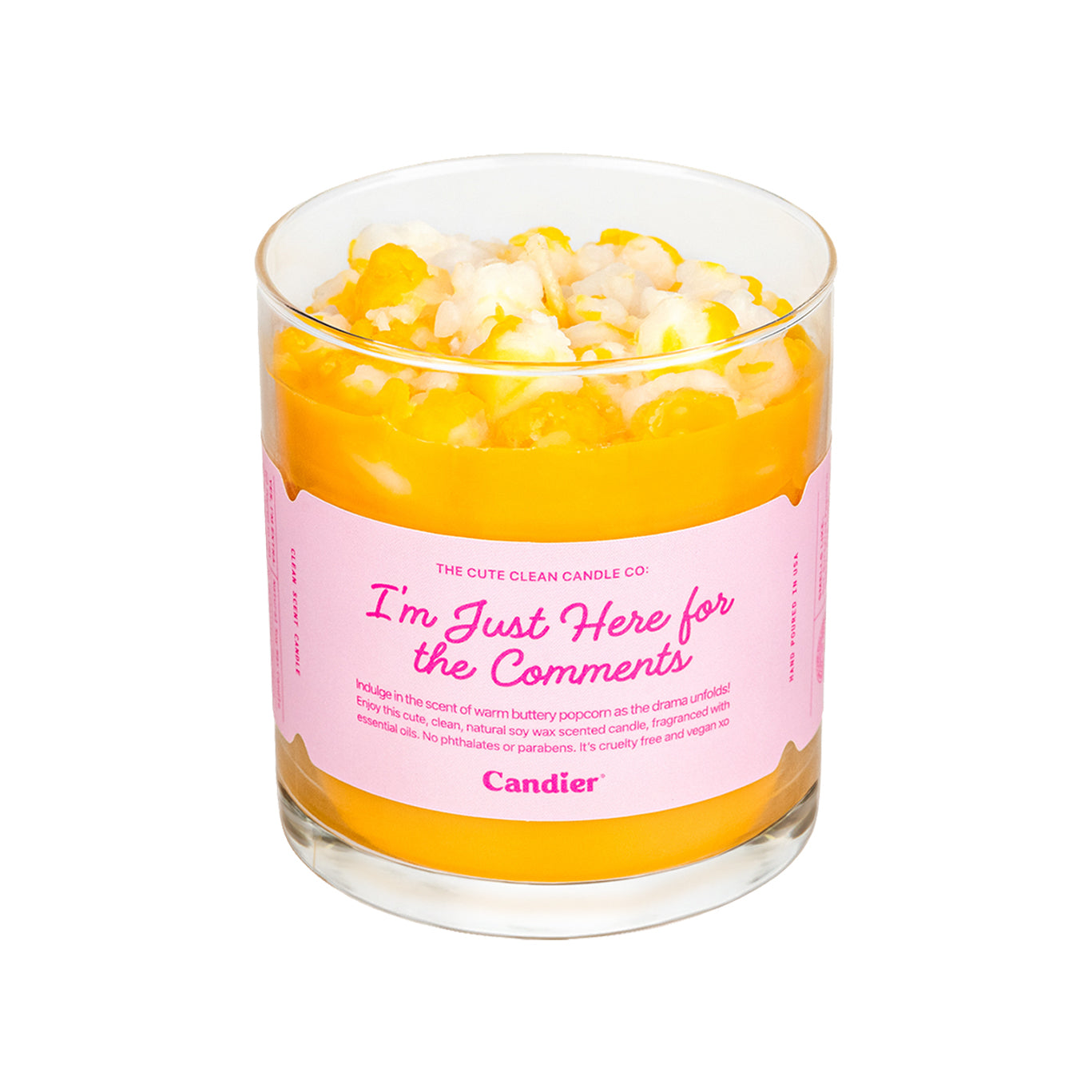 A fun premium scented candle topped with realistic wax popcorn and a label that reads I'm Just Here For The Comments by Candier®